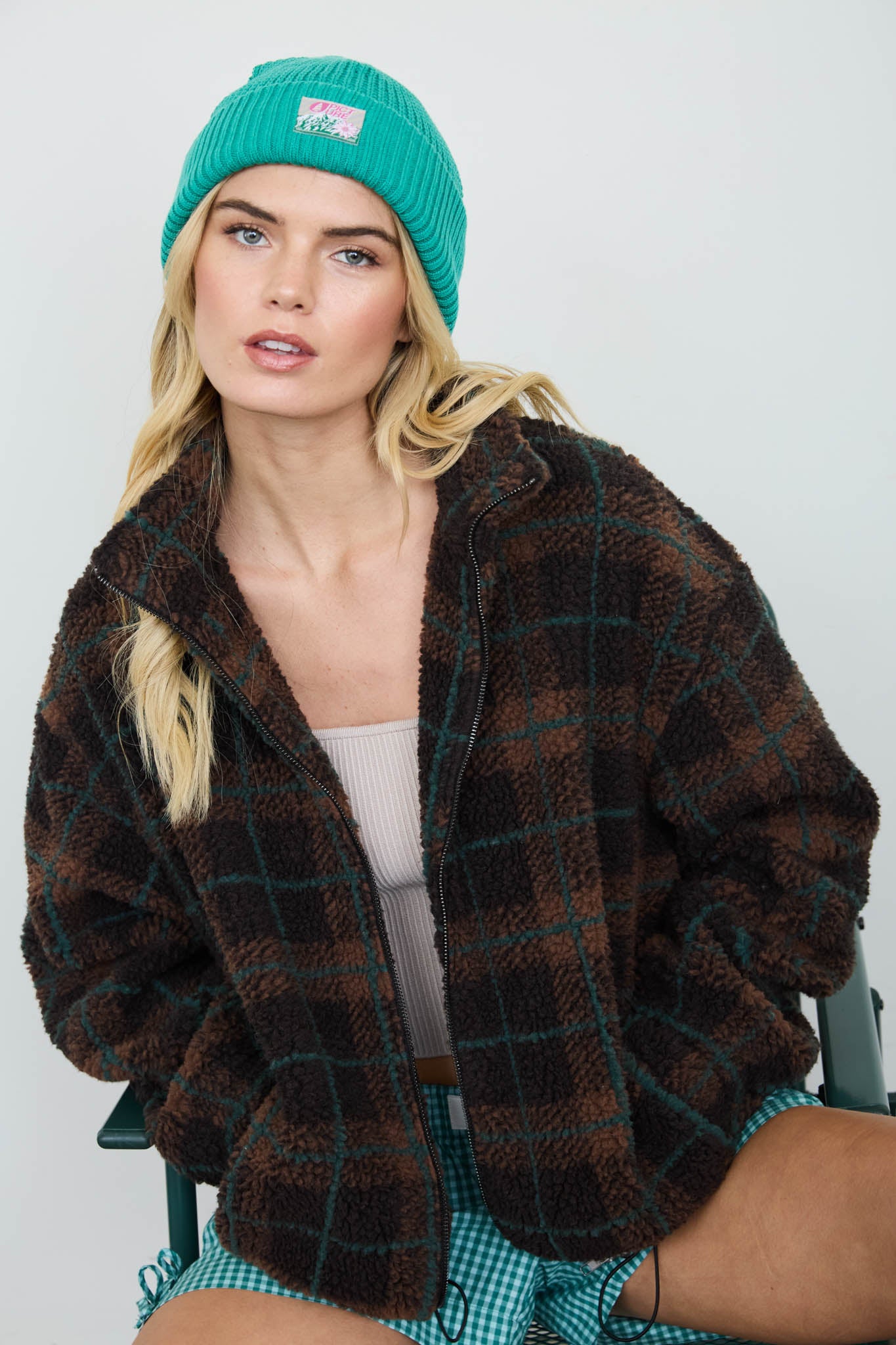 PLAID SHERPA MOCK NECK ZIP-UP JACKET