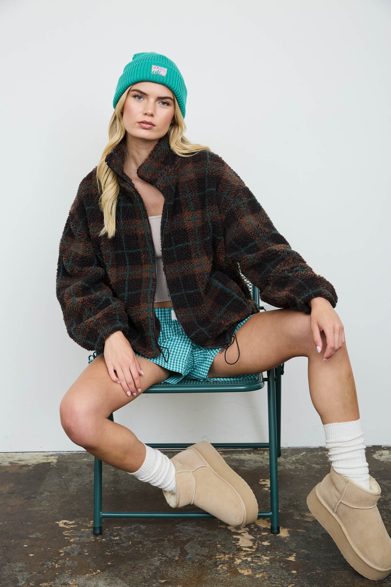 PLAID SHERPA MOCK NECK ZIP-UP JACKET