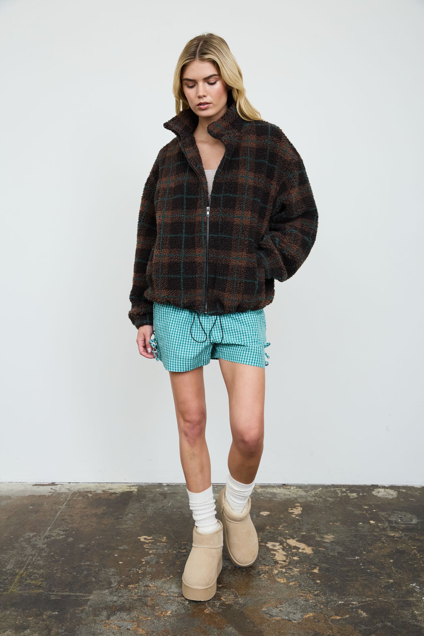 PLAID SHERPA MOCK NECK ZIP-UP JACKET