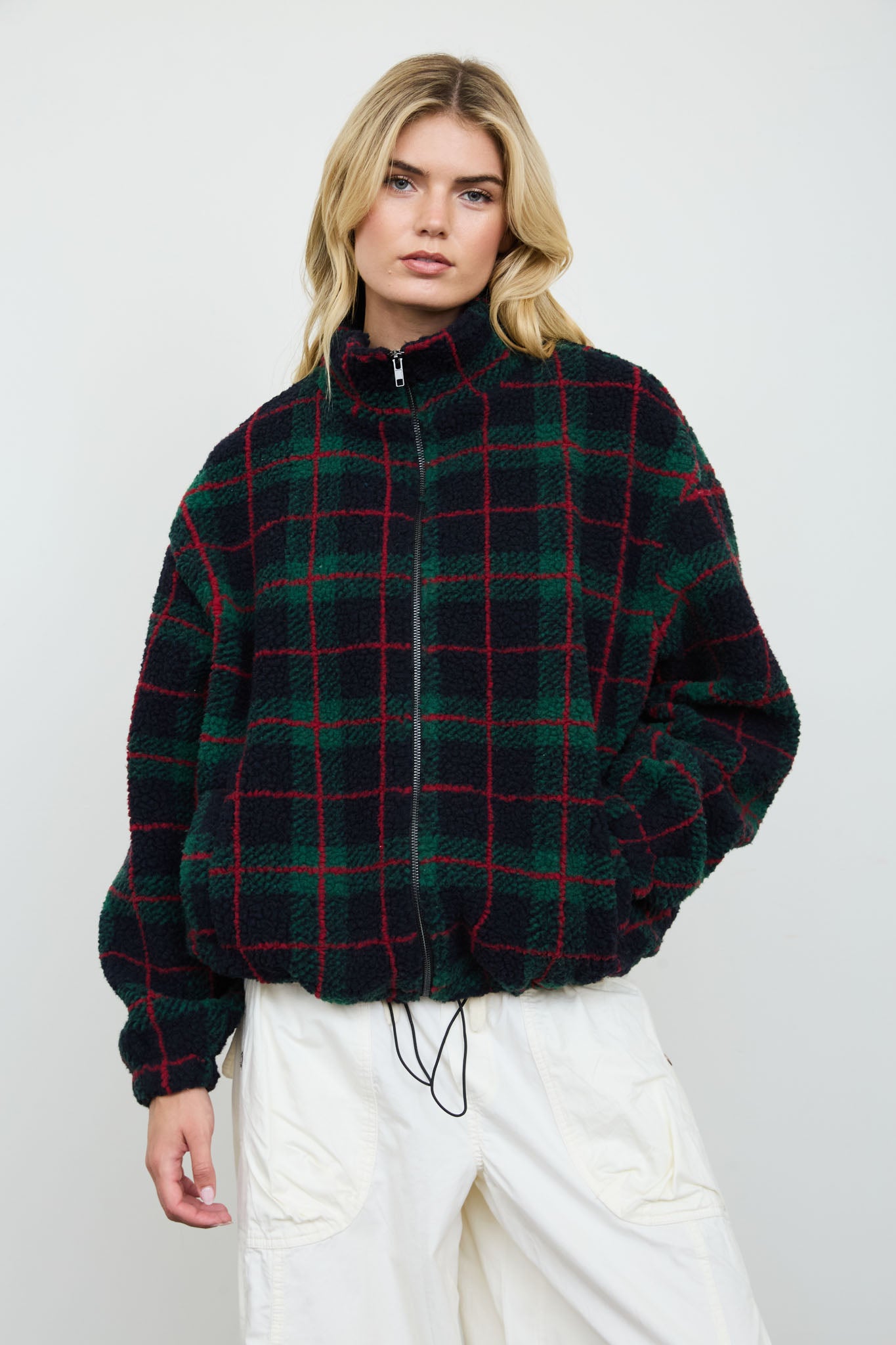 PLAID SHERPA MOCK NECK ZIP-UP JACKET