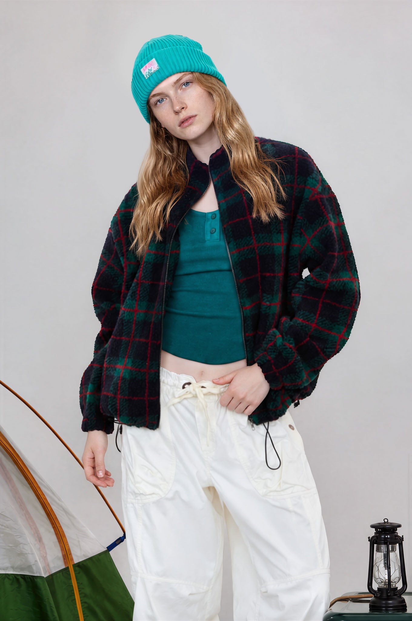 PLAID SHERPA MOCK NECK ZIP-UP JACKET