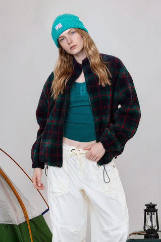 PLAID SHERPA MOCK NECK ZIP-UP JACKET