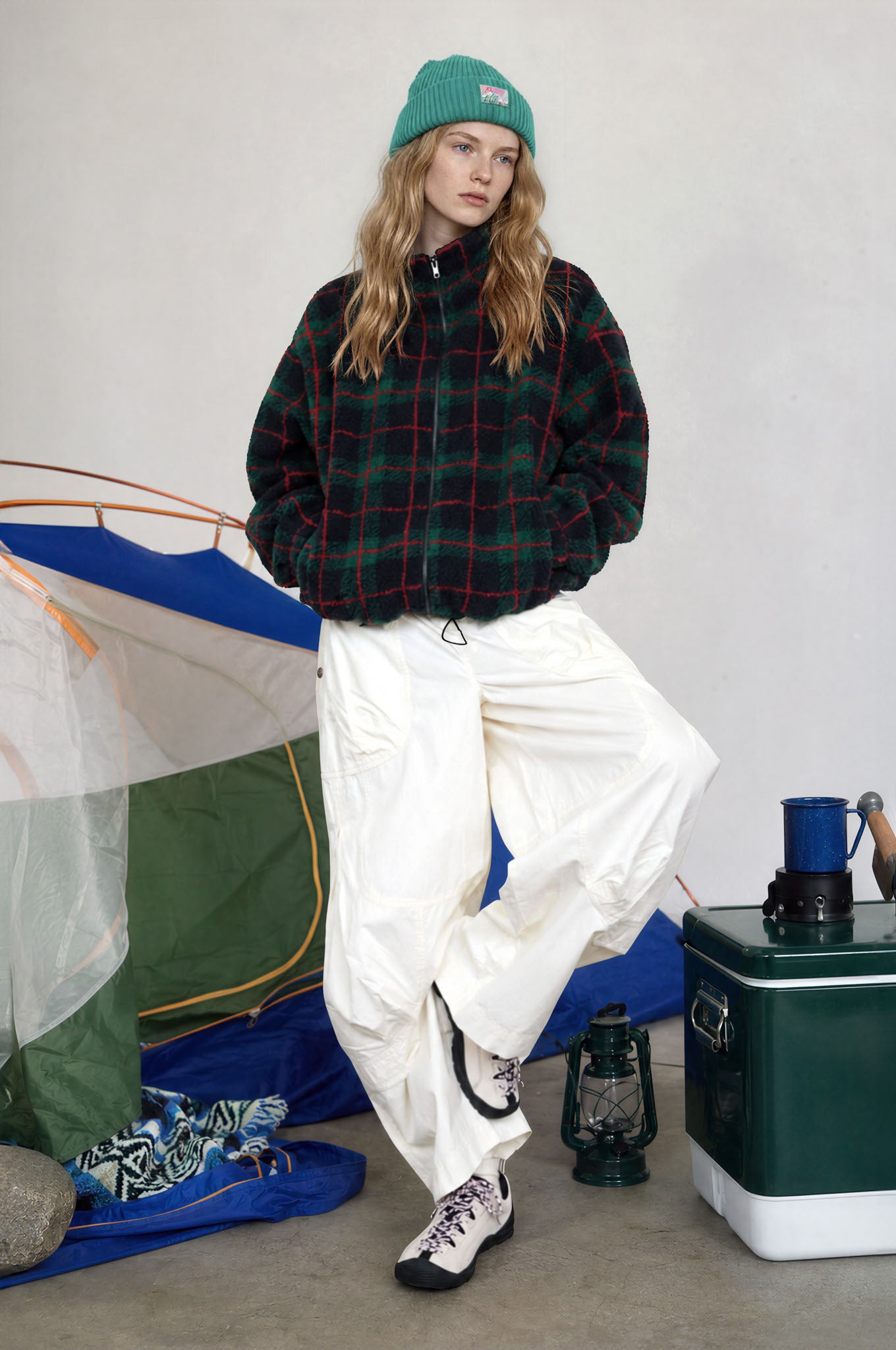 PLAID SHERPA MOCK NECK ZIP-UP JACKET
