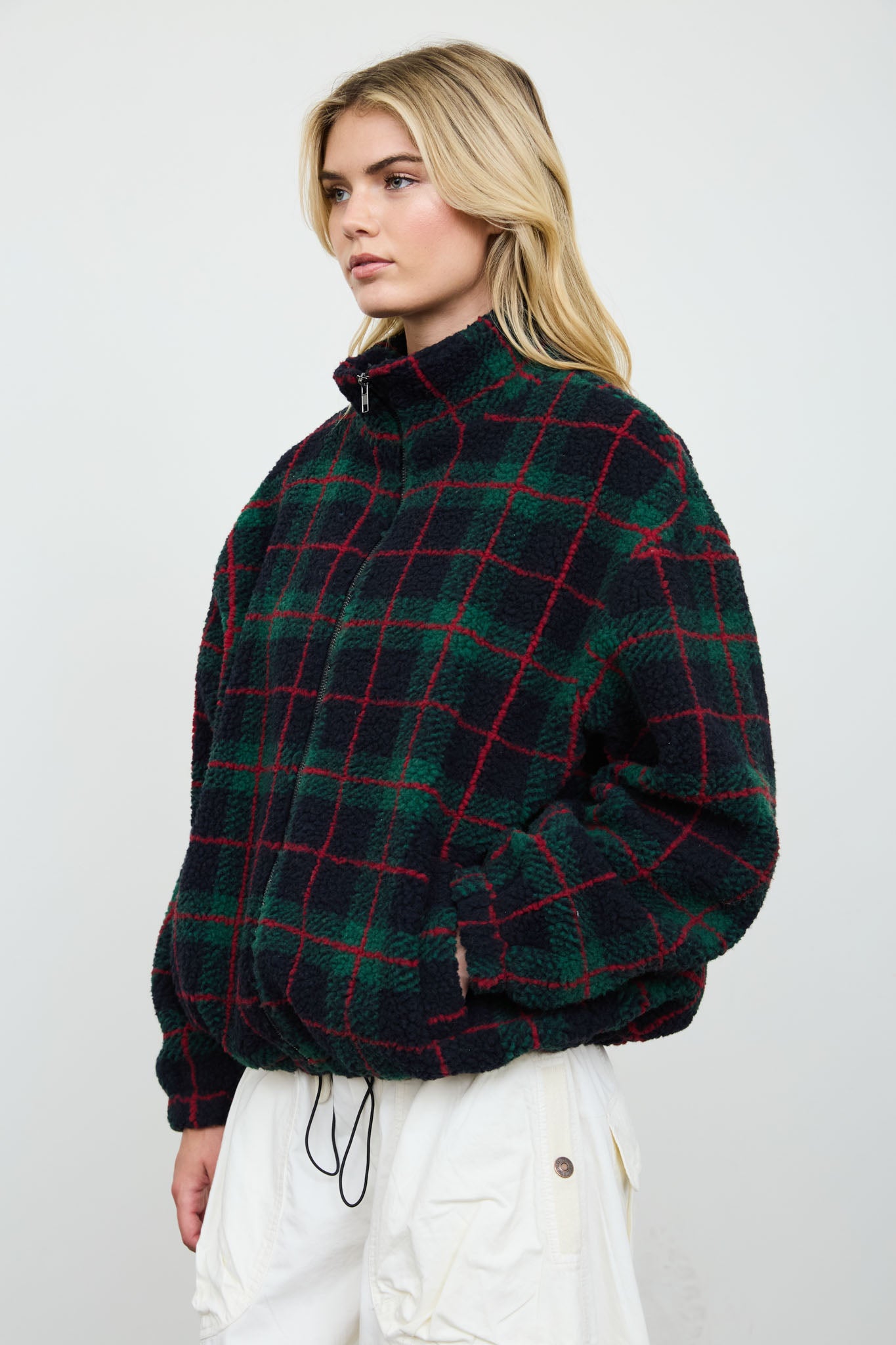 PLAID SHERPA MOCK NECK ZIP-UP JACKET