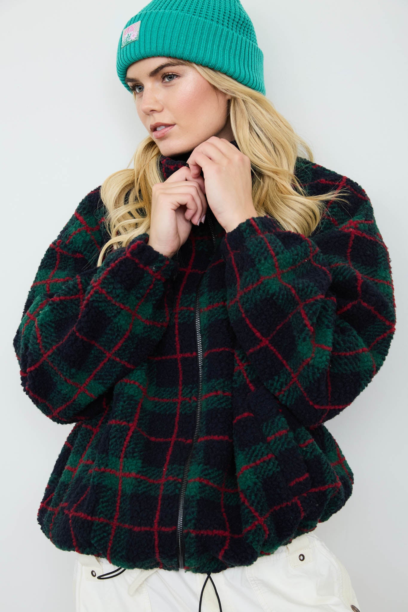 PLAID SHERPA MOCK NECK ZIP-UP JACKET