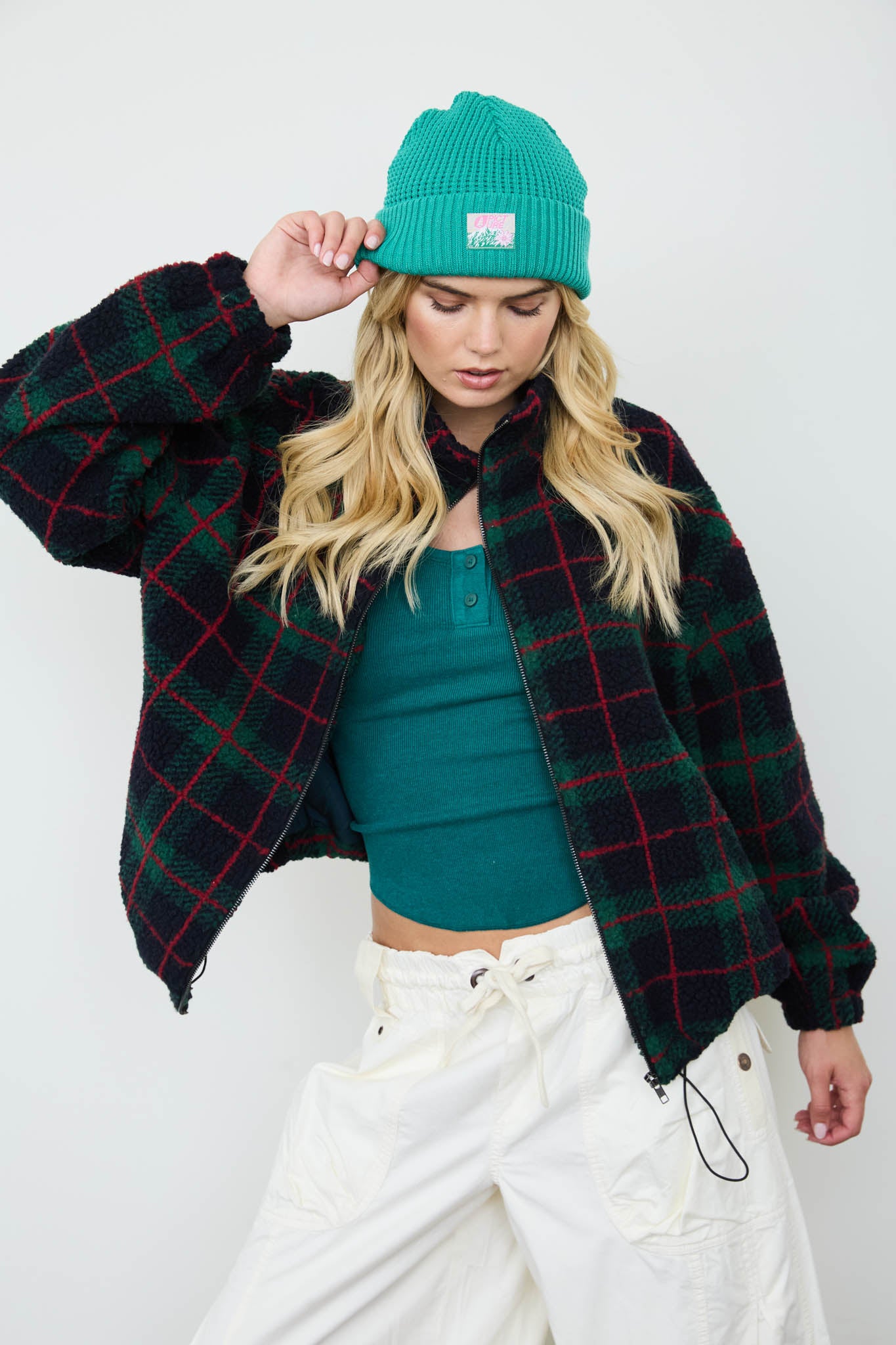PLAID SHERPA MOCK NECK ZIP-UP JACKET