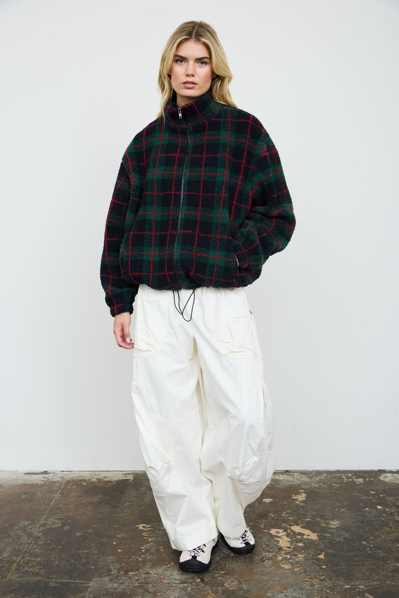 PLAID SHERPA MOCK NECK ZIP-UP JACKET