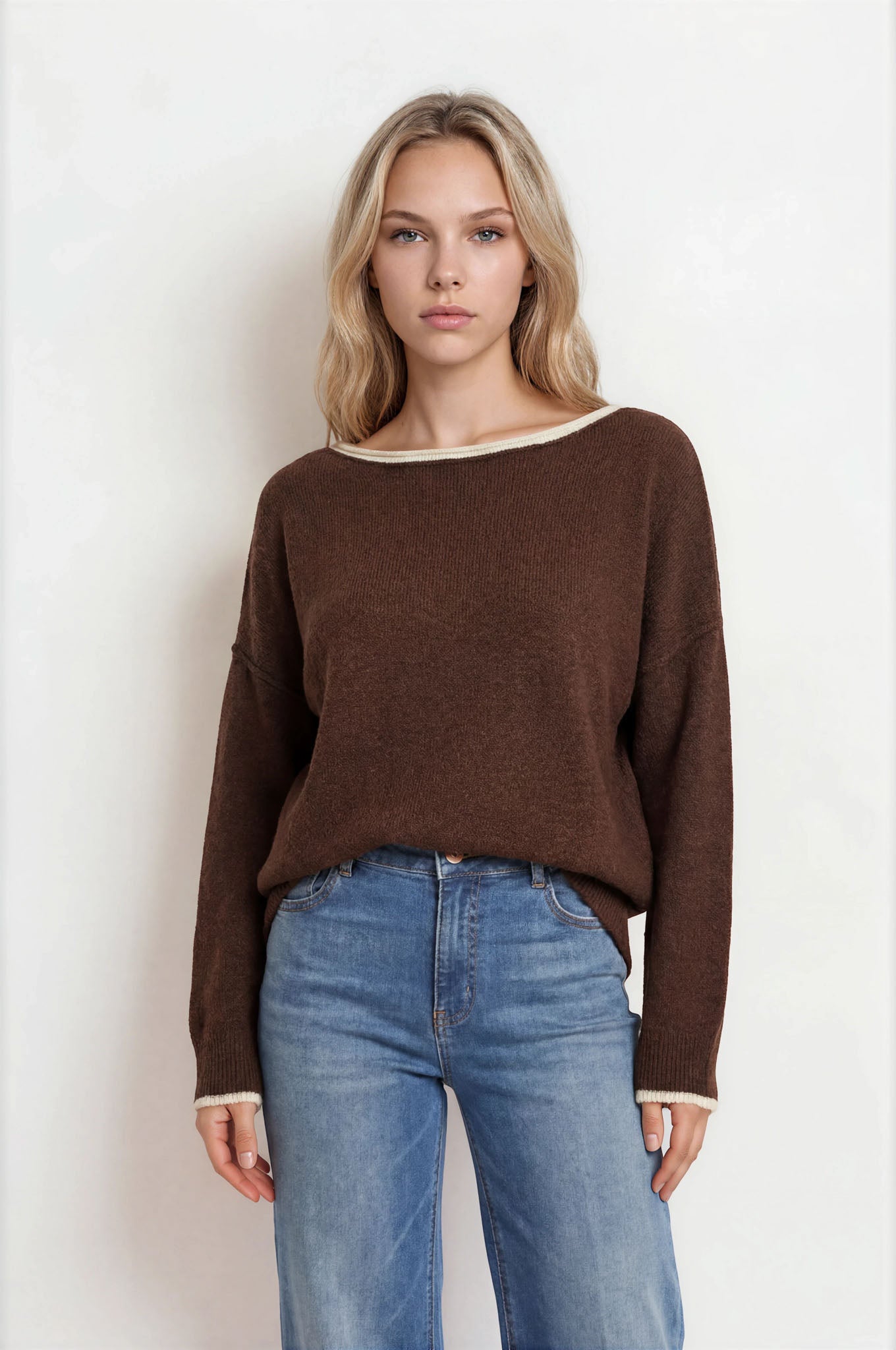 CONTRAST TRIM OFF SHOULDER LONG SLEEVE SWEATER