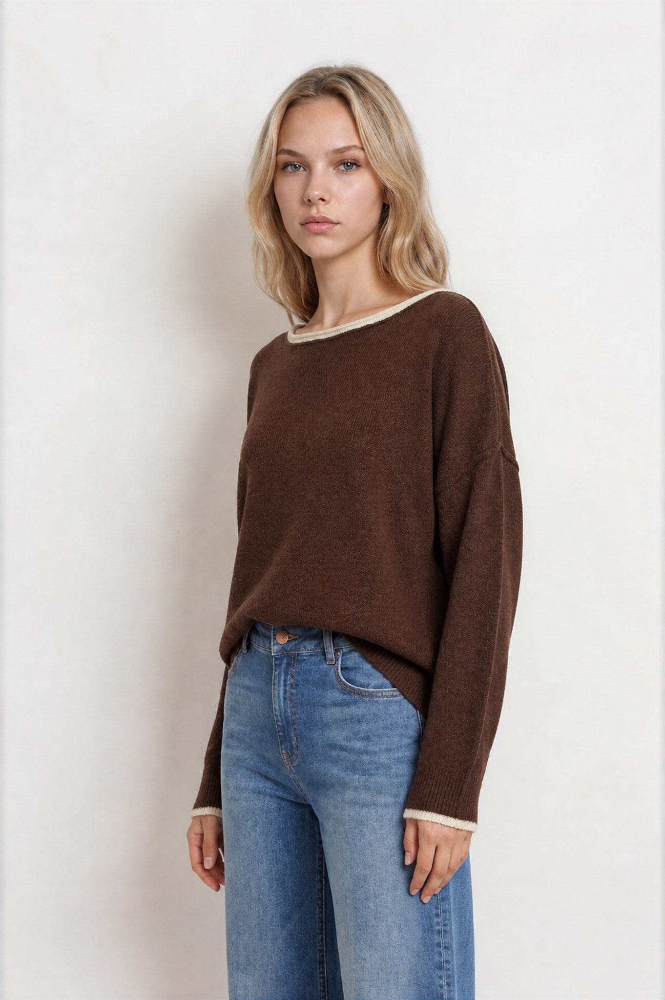 CONTRAST TRIM OFF SHOULDER LONG SLEEVE SWEATER