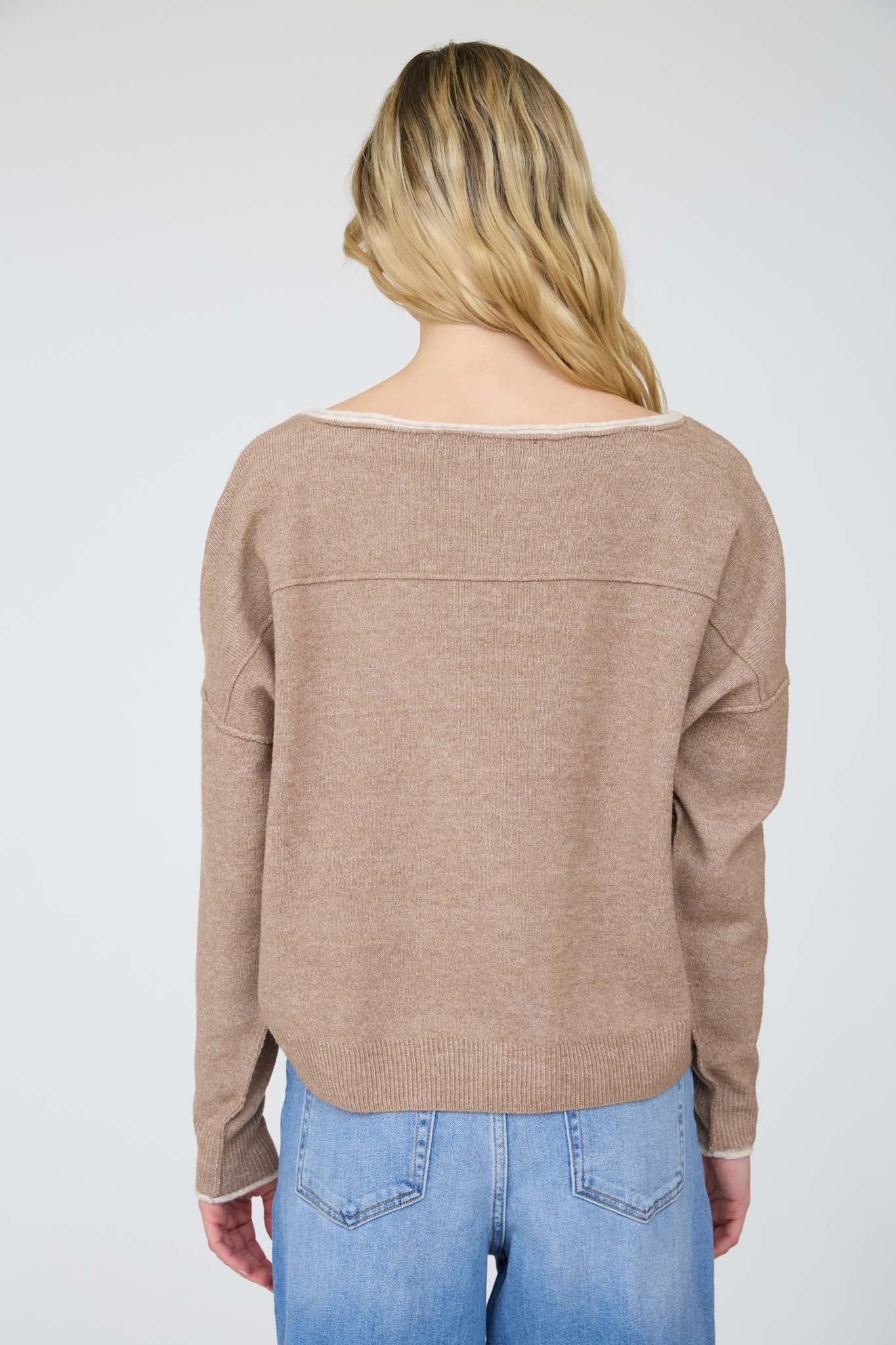 CONTRAST TRIM OFF SHOULDER LONG SLEEVE SWEATER