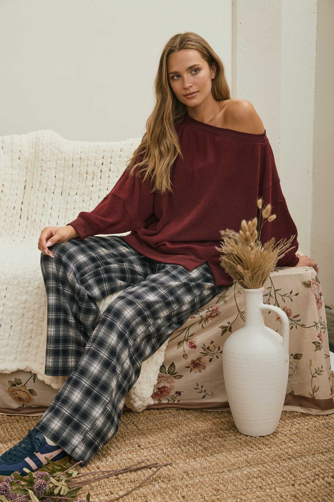 TIERED SLEEVE BOAT NECK EXPOSED SEAM KNIT TOP (PRE-ORDER)
