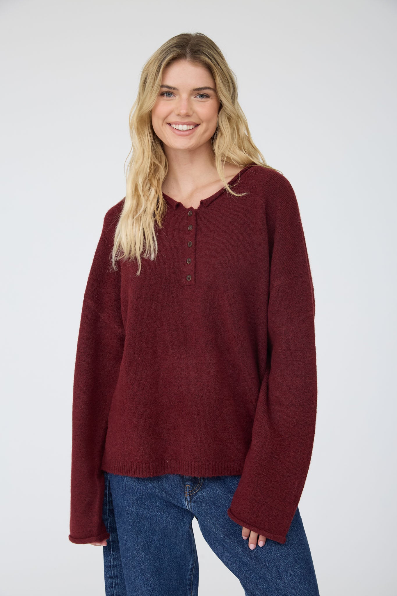 RAW ROLLED EDGE HENLEY RELAXED PULLOVER SWEATER (PRE-ORDER)