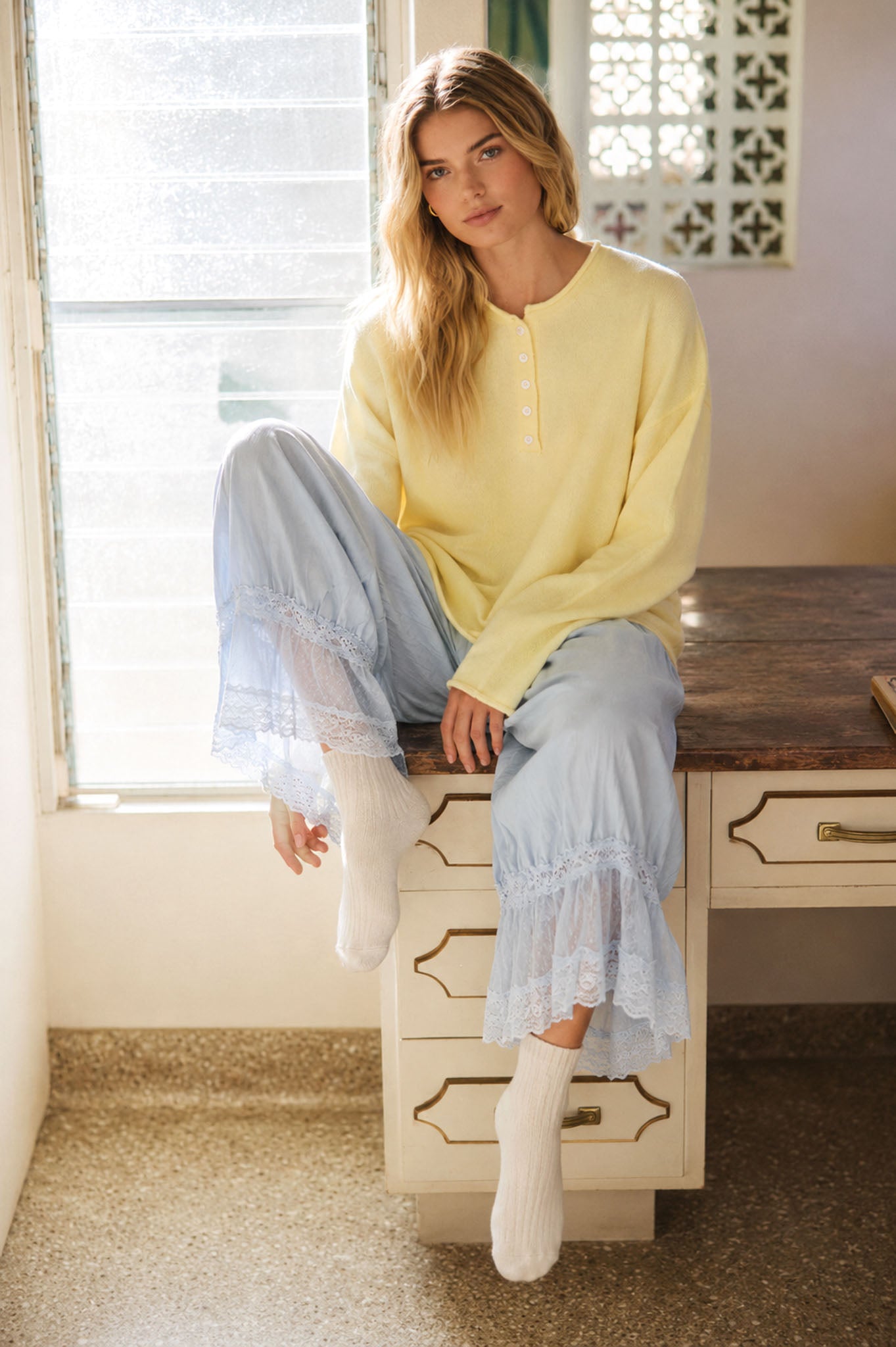 RAW ROLLED EDGE HENLEY RELAXED PULLOVER SWEATER (PRE-ORDER)