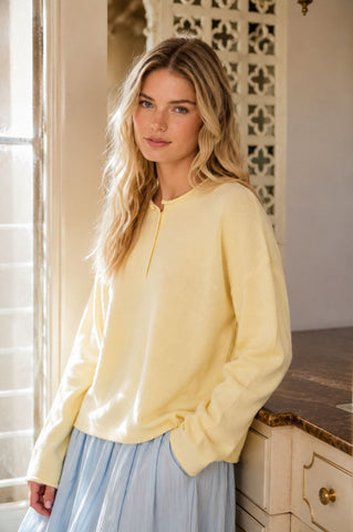 RAW ROLLED EDGE HENLEY RELAXED PULLOVER SWEATER (PRE-ORDER)