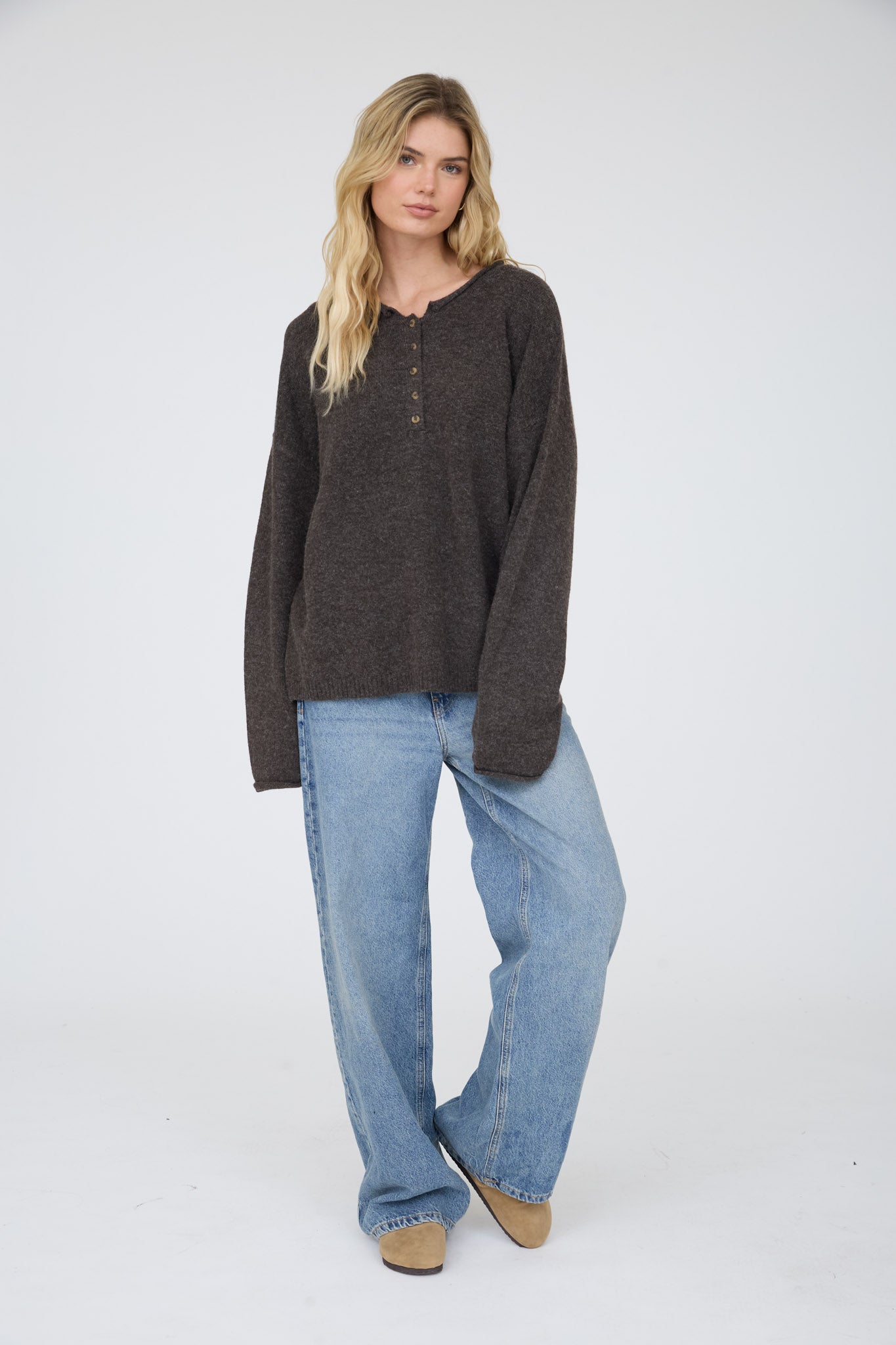 RAW ROLLED EDGE HENLEY RELAXED PULLOVER SWEATER (PRE-ORDER)
