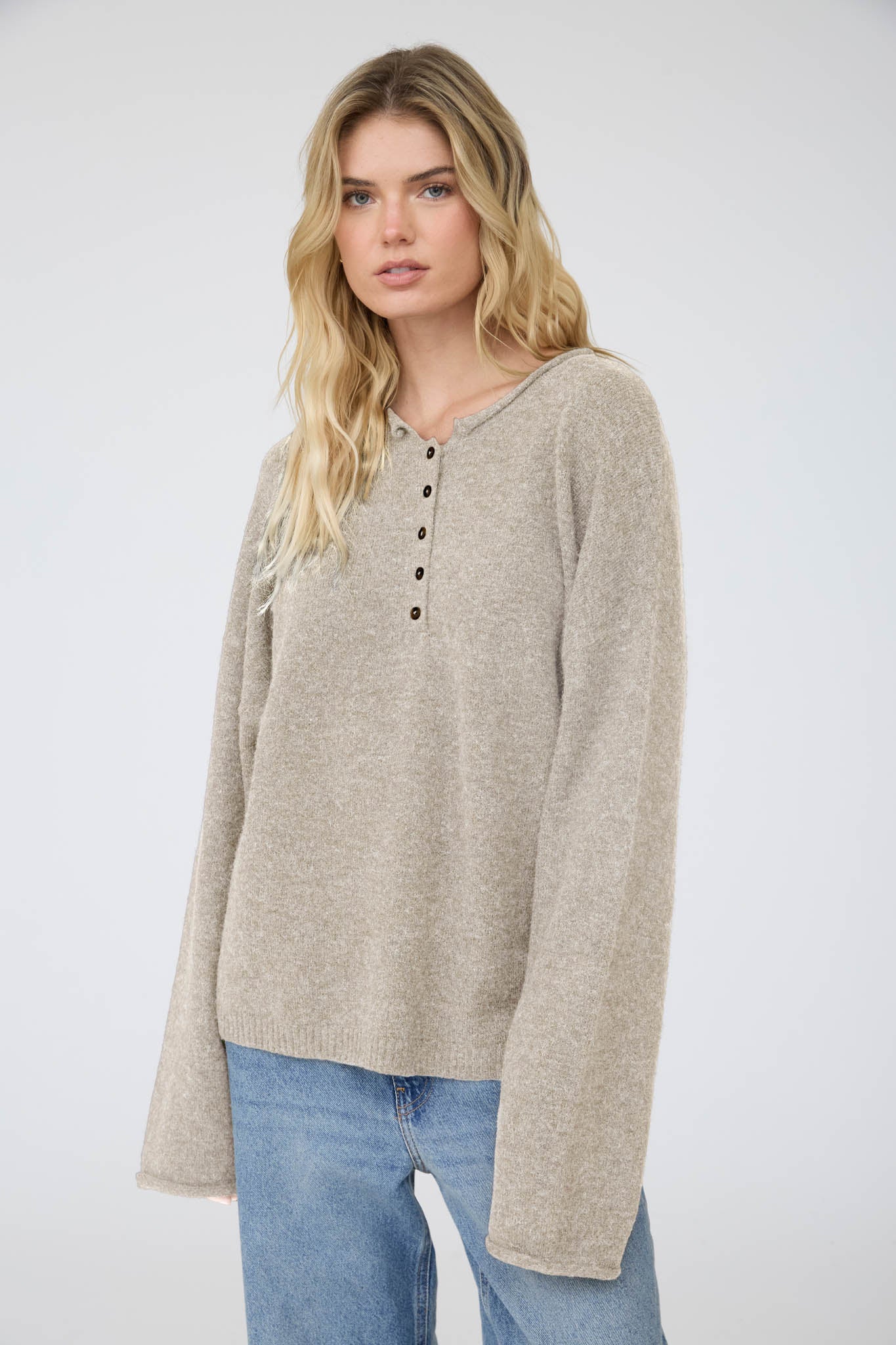 RAW ROLLED EDGE HENLEY RELAXED PULLOVER SWEATER (PRE-ORDER)