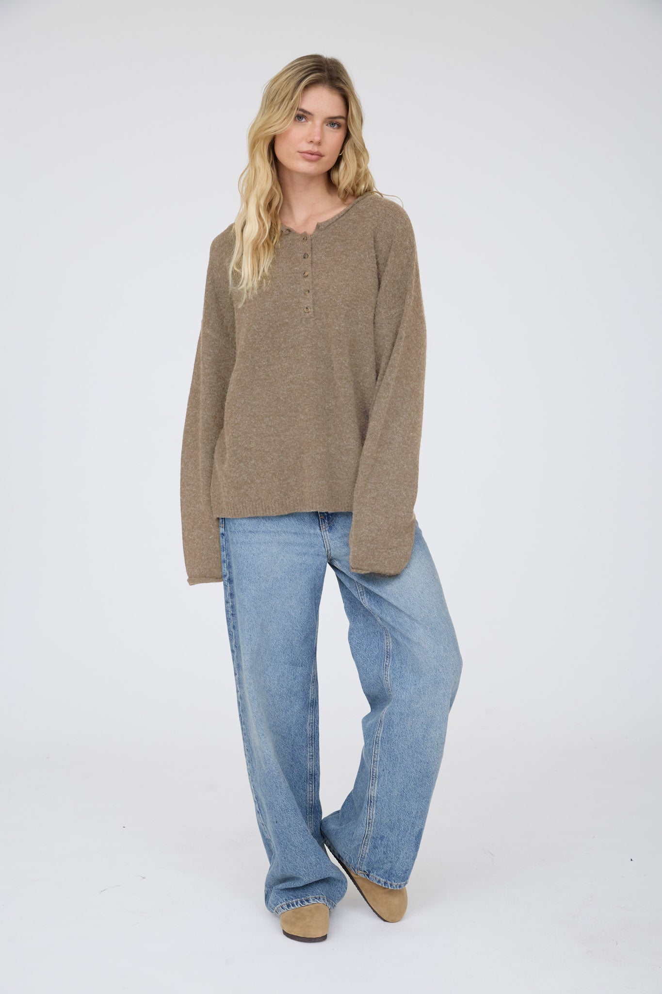 RAW ROLLED EDGE HENLEY RELAXED PULLOVER SWEATER (PRE-ORDER)