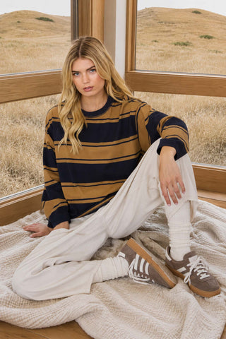 WIDE STRIPE CREW NECK LONG SLEEVE KNIT SWEATSHIRT (PRE-ORDER)