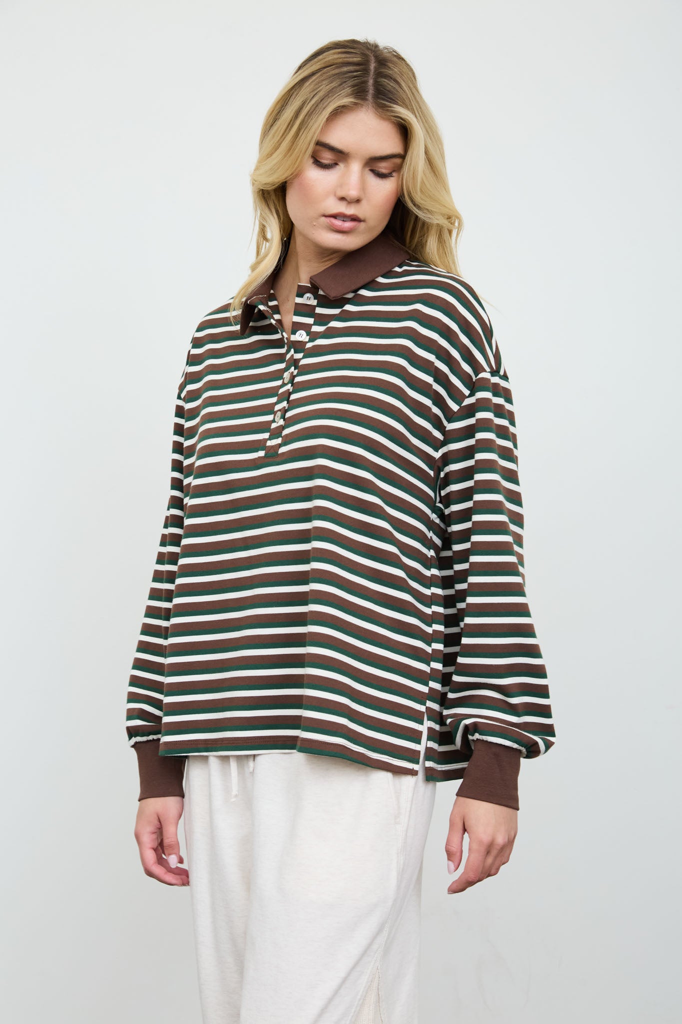 WIDE STRIPED POLO COLLAR LONG SLEEVE KNIT TOP (PRE-ORDER)