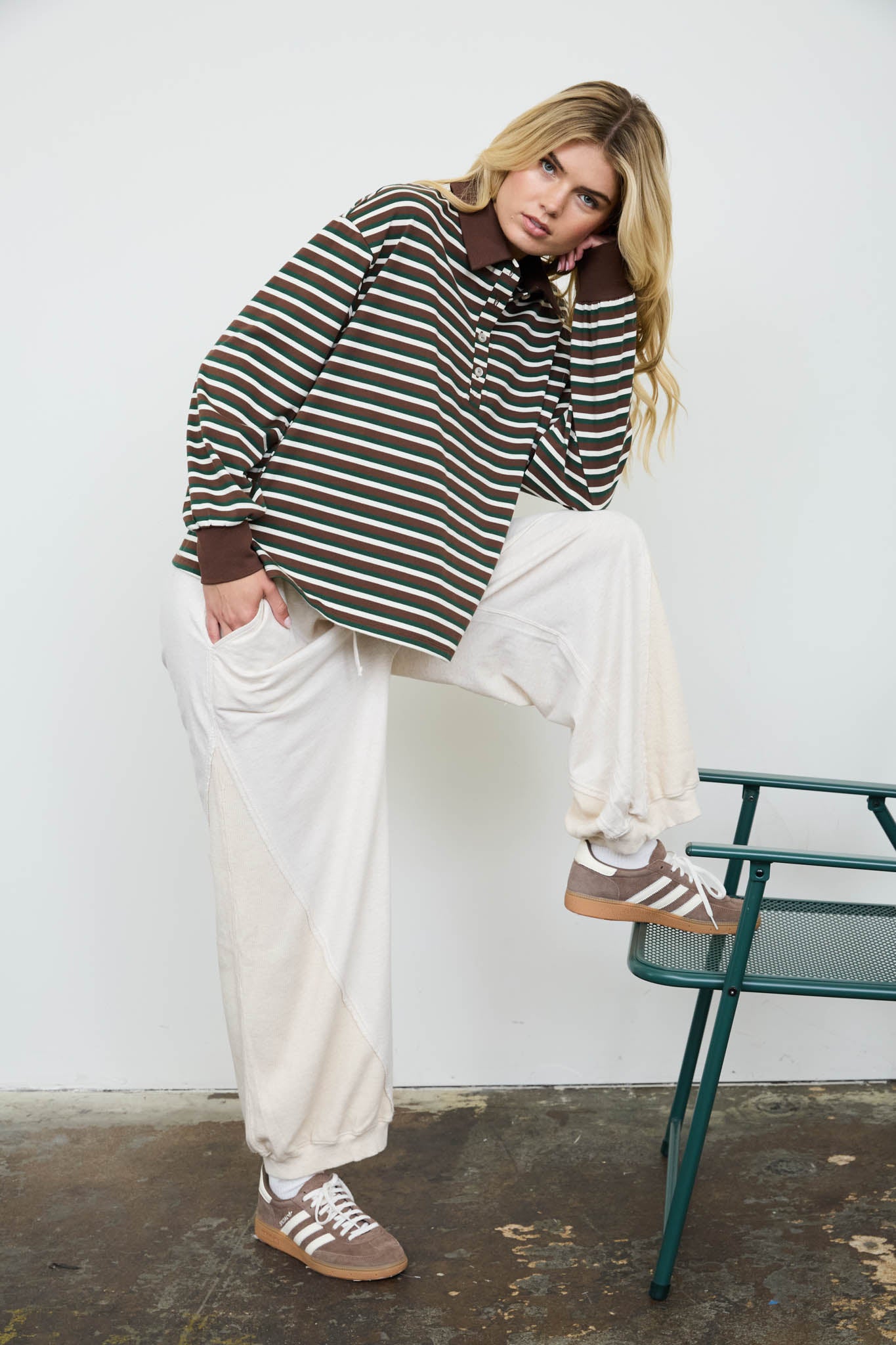 WIDE STRIPED POLO COLLAR LONG SLEEVE KNIT TOP (PRE-ORDER)