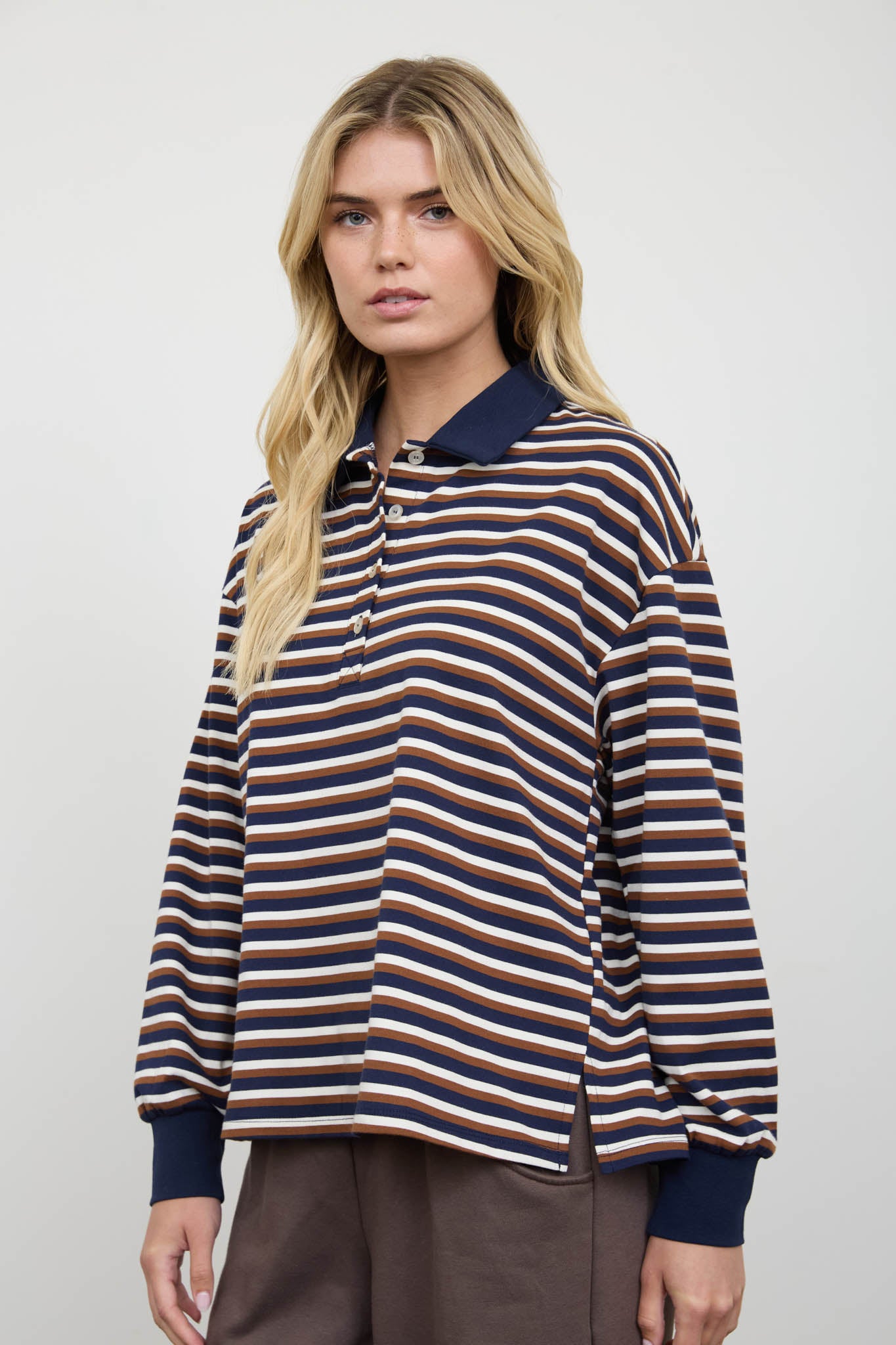 WIDE STRIPED POLO COLLAR LONG SLEEVE KNIT TOP (PRE-ORDER)