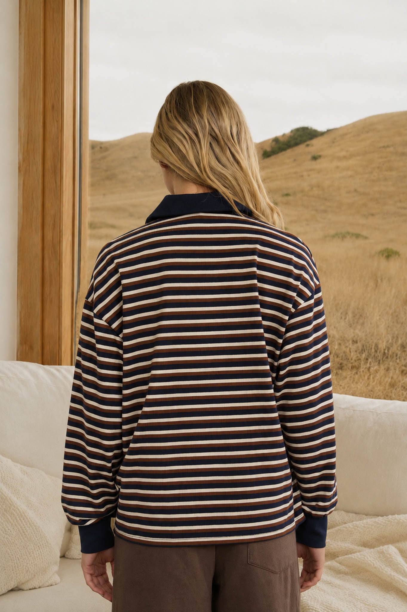 WIDE STRIPED POLO COLLAR LONG SLEEVE KNIT TOP (PRE-ORDER)