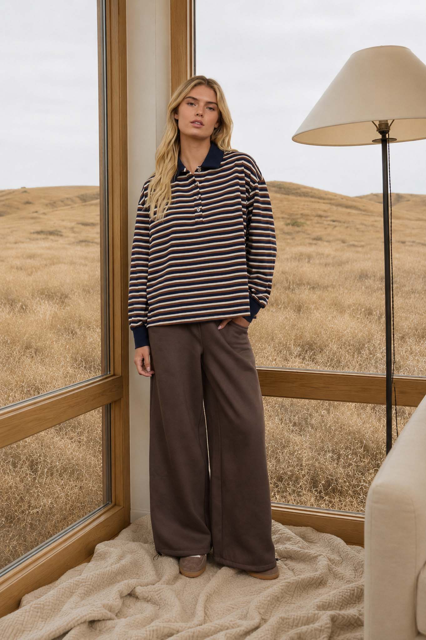 WIDE STRIPED POLO COLLAR LONG SLEEVE KNIT TOP (PRE-ORDER)