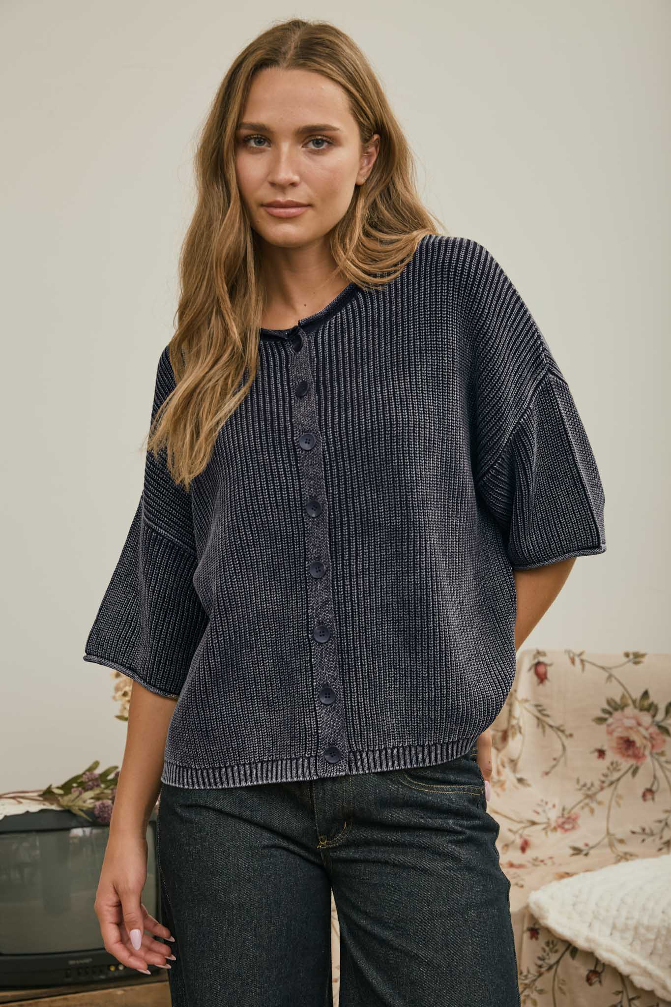 WASHED RIBBED SHORT SLEEVE ROLLED EDGE CARDIGAN