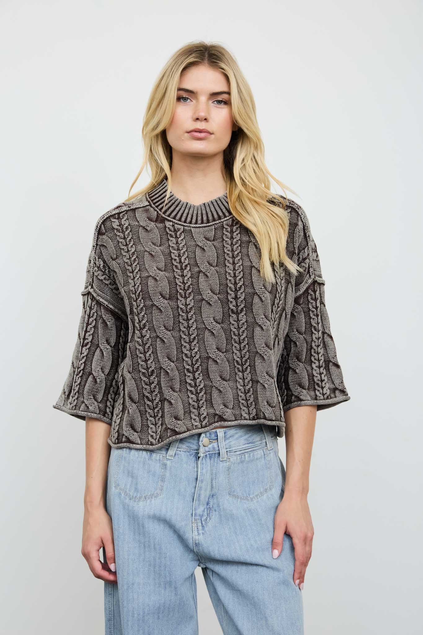 WASHED 3/4 SLEEVE TURTLENECK CABLE KNIT PULLOVER