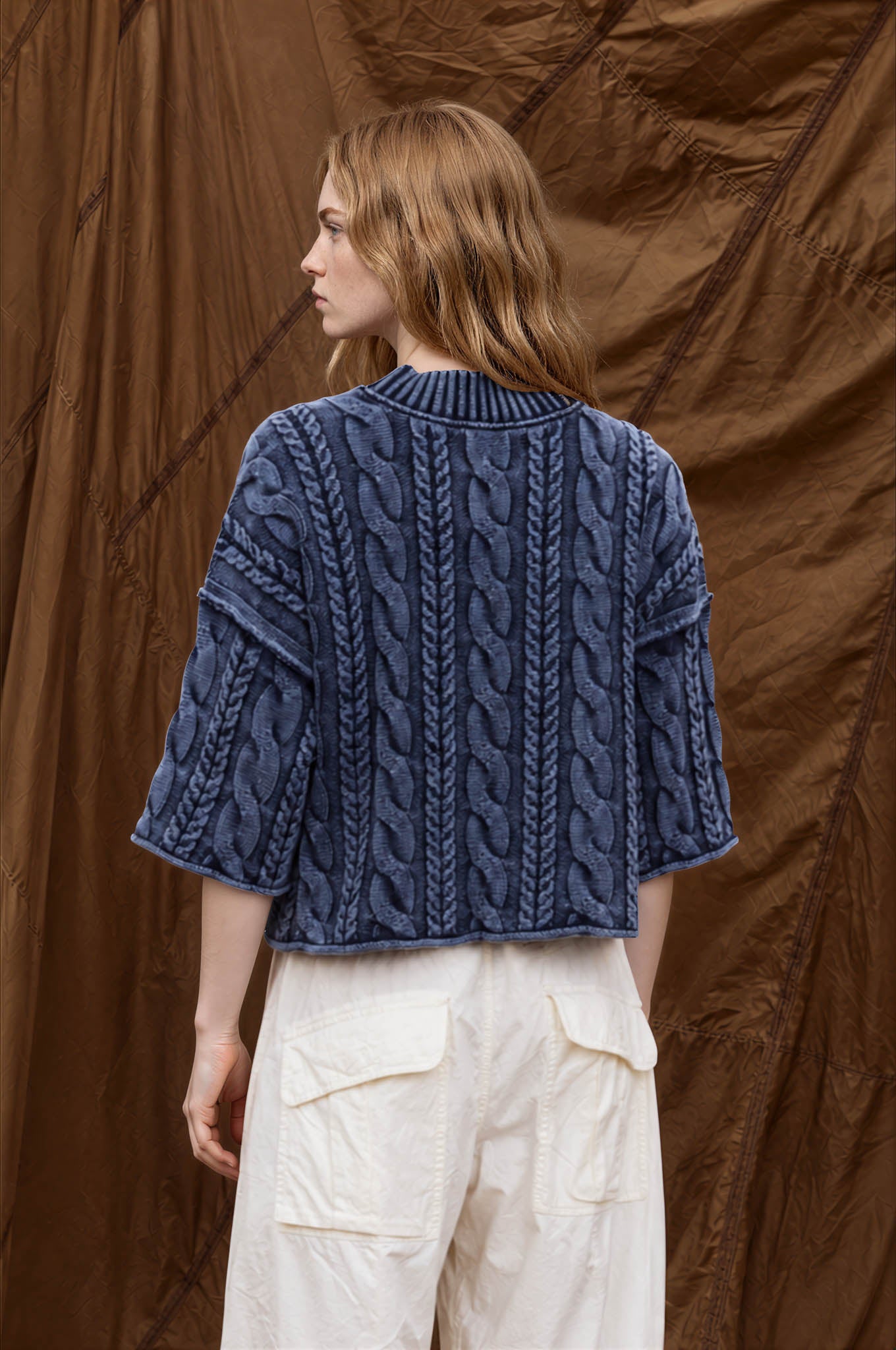 WASHED 3/4 SLEEVE TURTLENECK CABLE KNIT PULLOVER