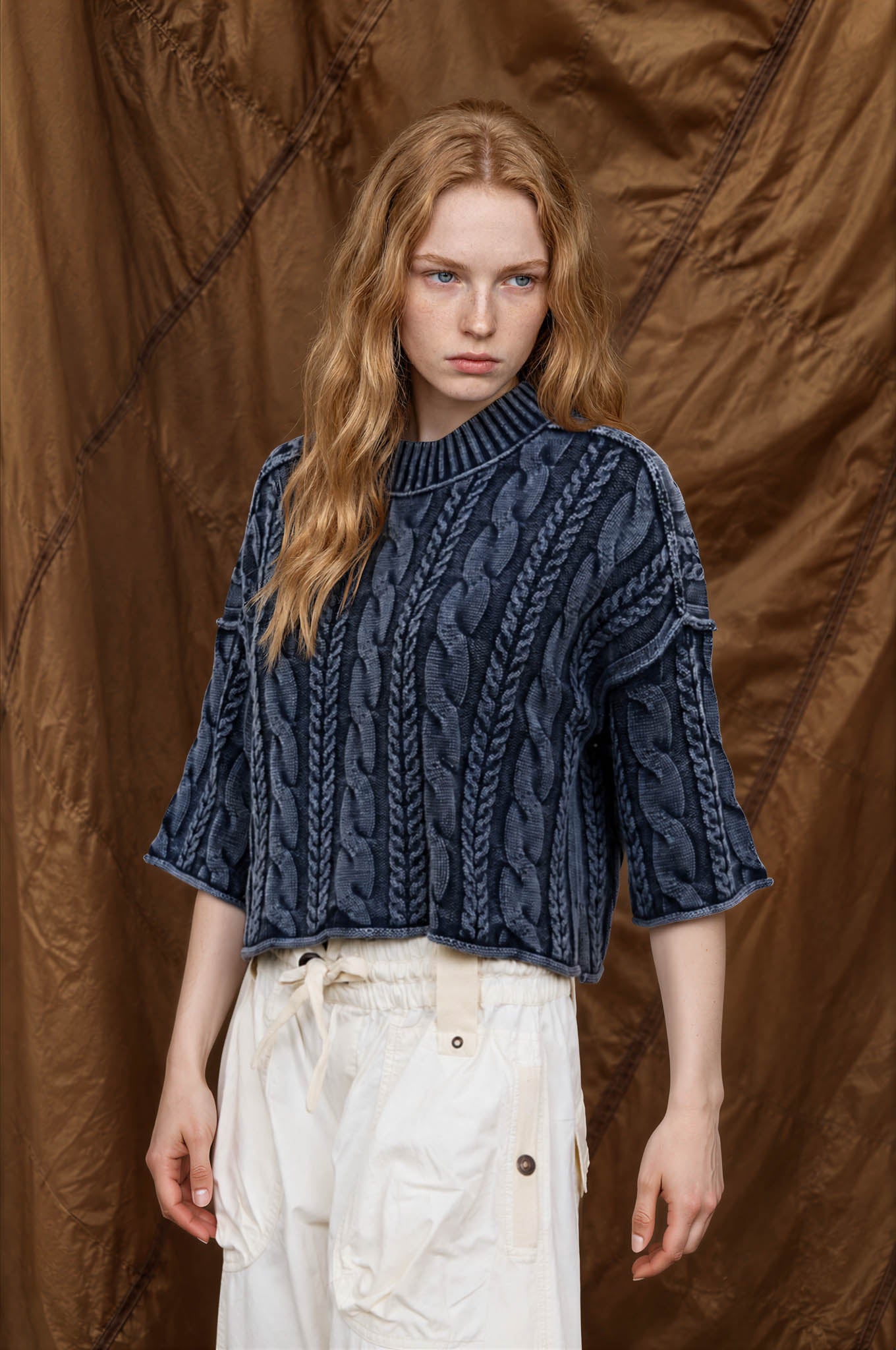 WASHED 3/4 SLEEVE TURTLENECK CABLE KNIT PULLOVER