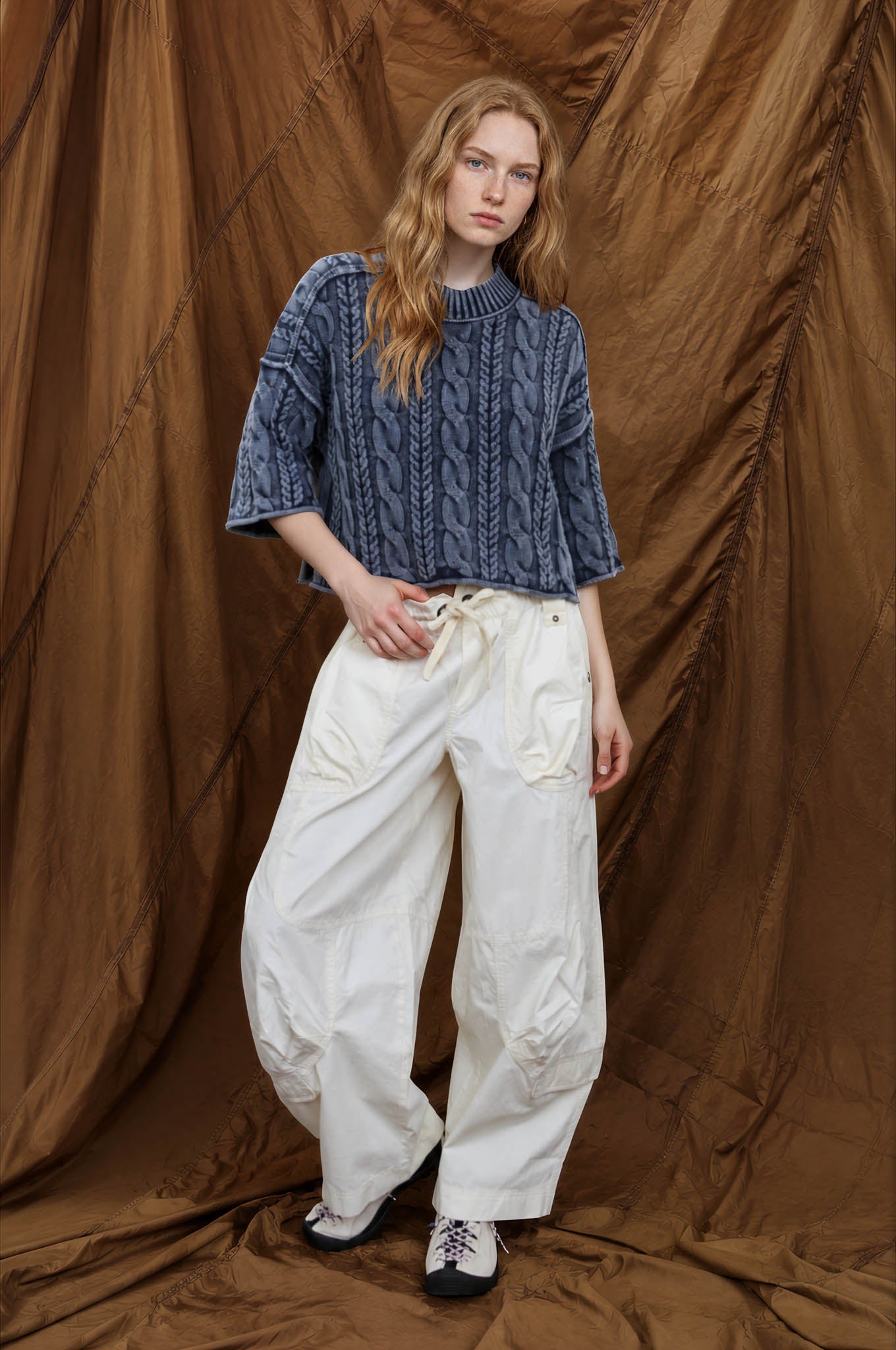 WASHED 3/4 SLEEVE TURTLENECK CABLE KNIT PULLOVER
