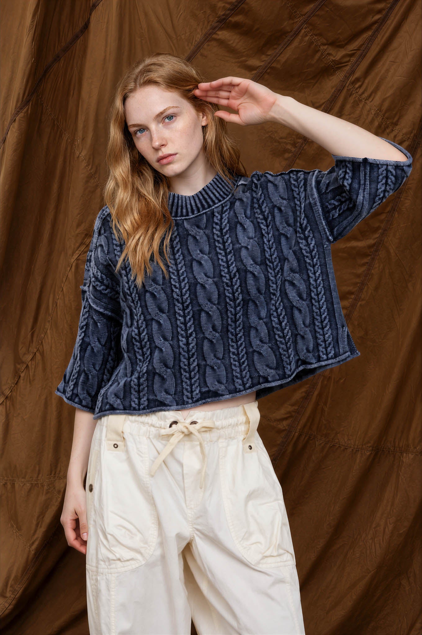 WASHED 3/4 SLEEVE TURTLENECK CABLE KNIT PULLOVER