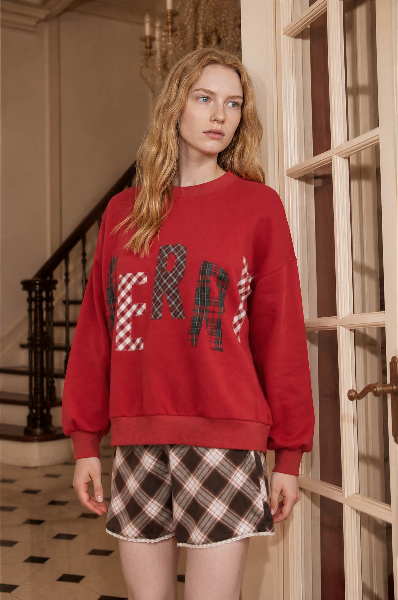 MERRY PLAID PATCH LETTER LONG SLEEVE KNIT TOP (PRE-ORDER)