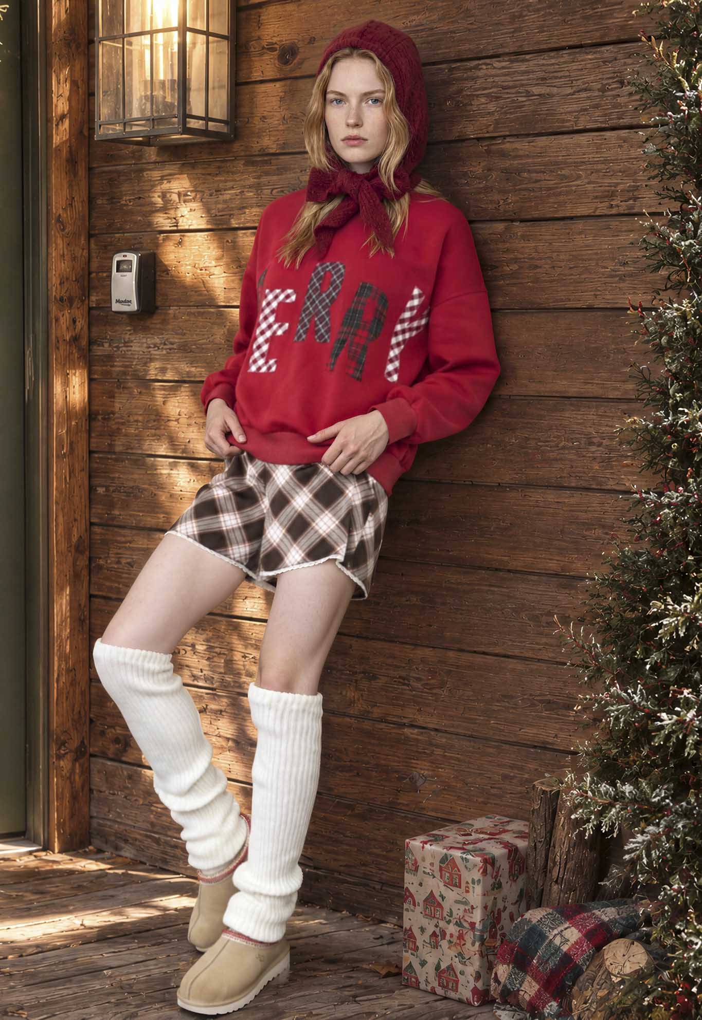 MERRY PLAID PATCH LETTER LONG SLEEVE KNIT TOP (PRE-ORDER)