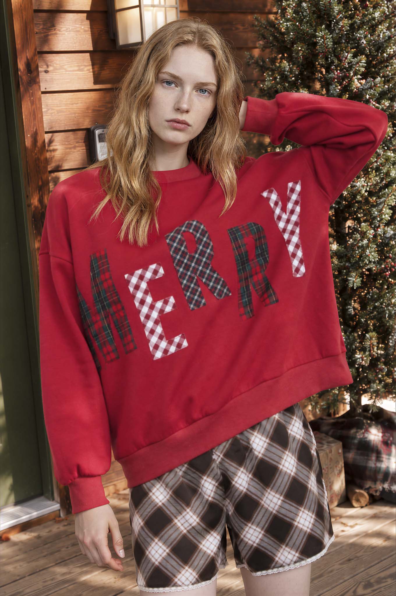 MERRY PLAID PATCH LETTER LONG SLEEVE KNIT TOP (PRE-ORDER)
