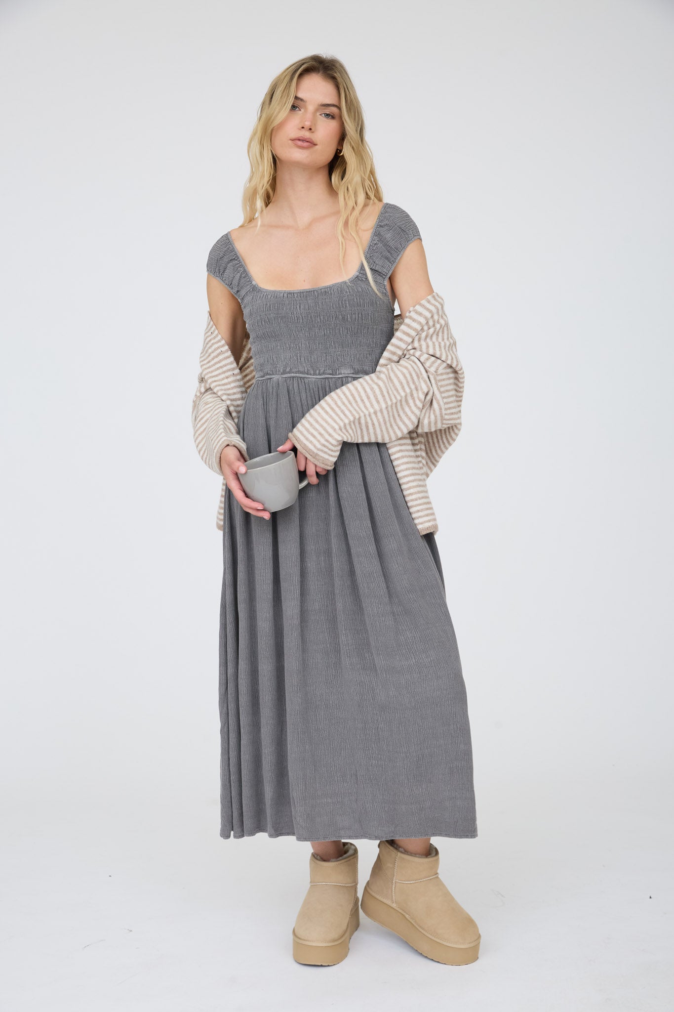 CRINKLE PLISSE CAP SLEEVE SMOCKED MIDI DRESS (PRE-ORDER)