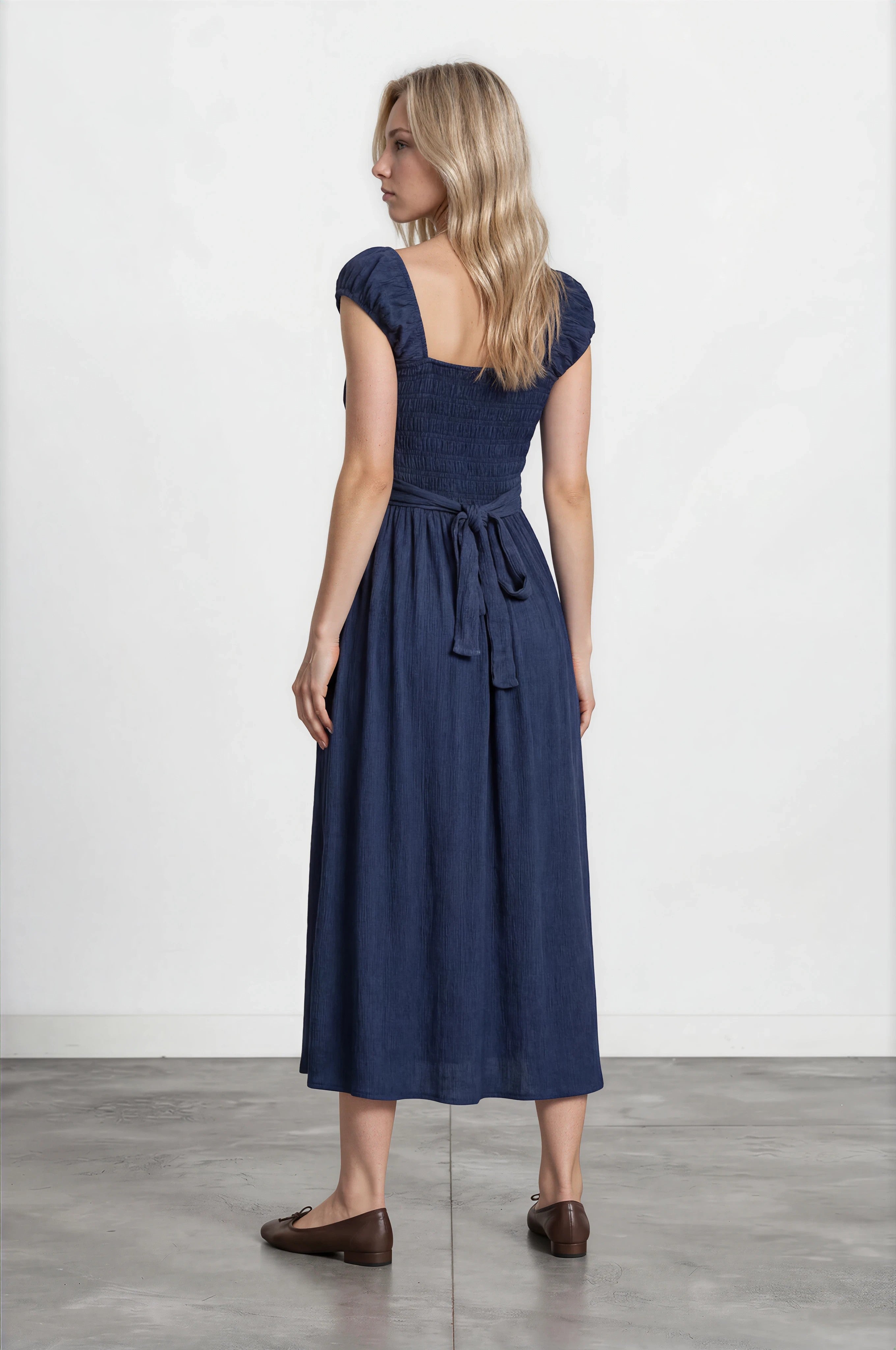 CRINKLE PLISSE CAP SLEEVE SMOCKED MIDI DRESS (PRE-ORDER)