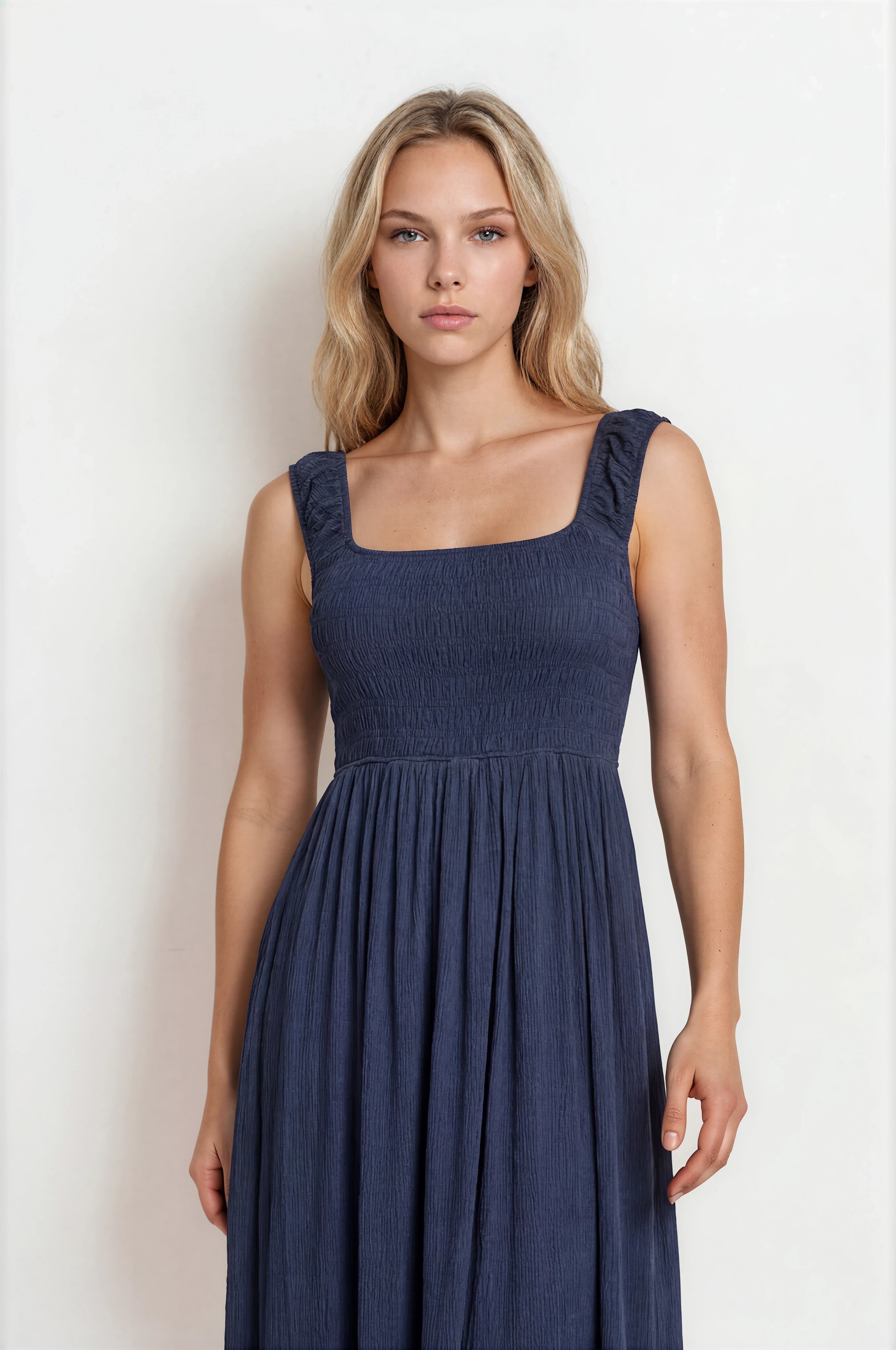 CRINKLE PLISSE CAP SLEEVE SMOCKED MIDI DRESS (PRE-ORDER)