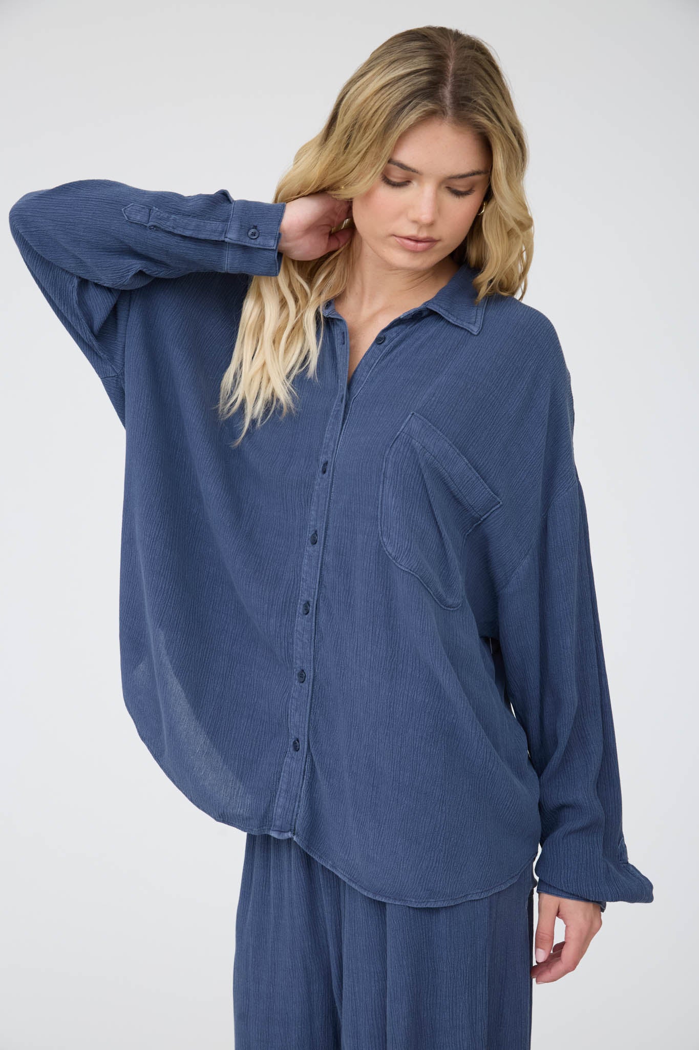 CRINKLE PLISSE COLLARED LONG SLEEVE BUTTON DOWN (PRE-ORDER)
