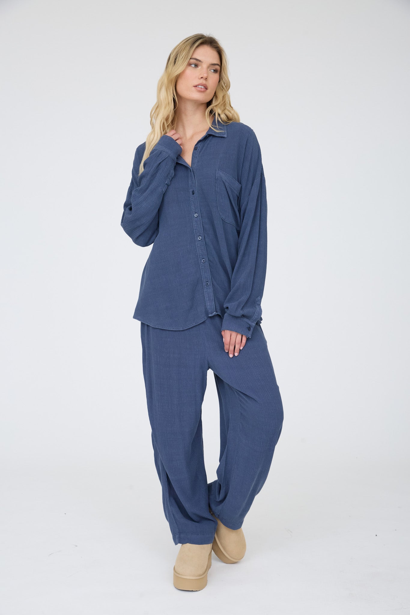 CRINKLE PLISSE COLLARED LONG SLEEVE BUTTON DOWN (PRE-ORDER)