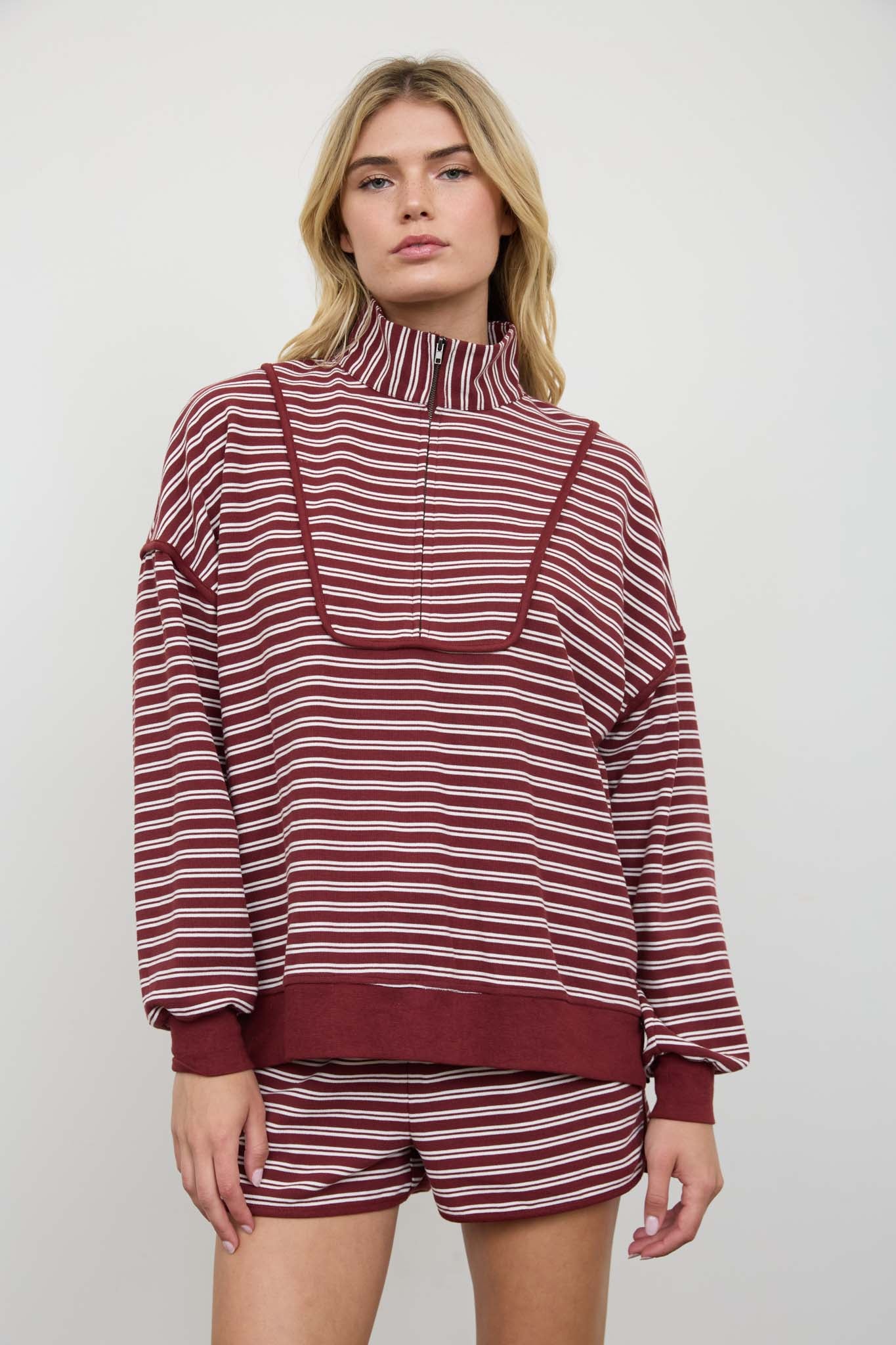 HALF ZIP STRIPE CONTRAST TRIM LONG SLEEVE KNIT TOP (PRE-ORDER)