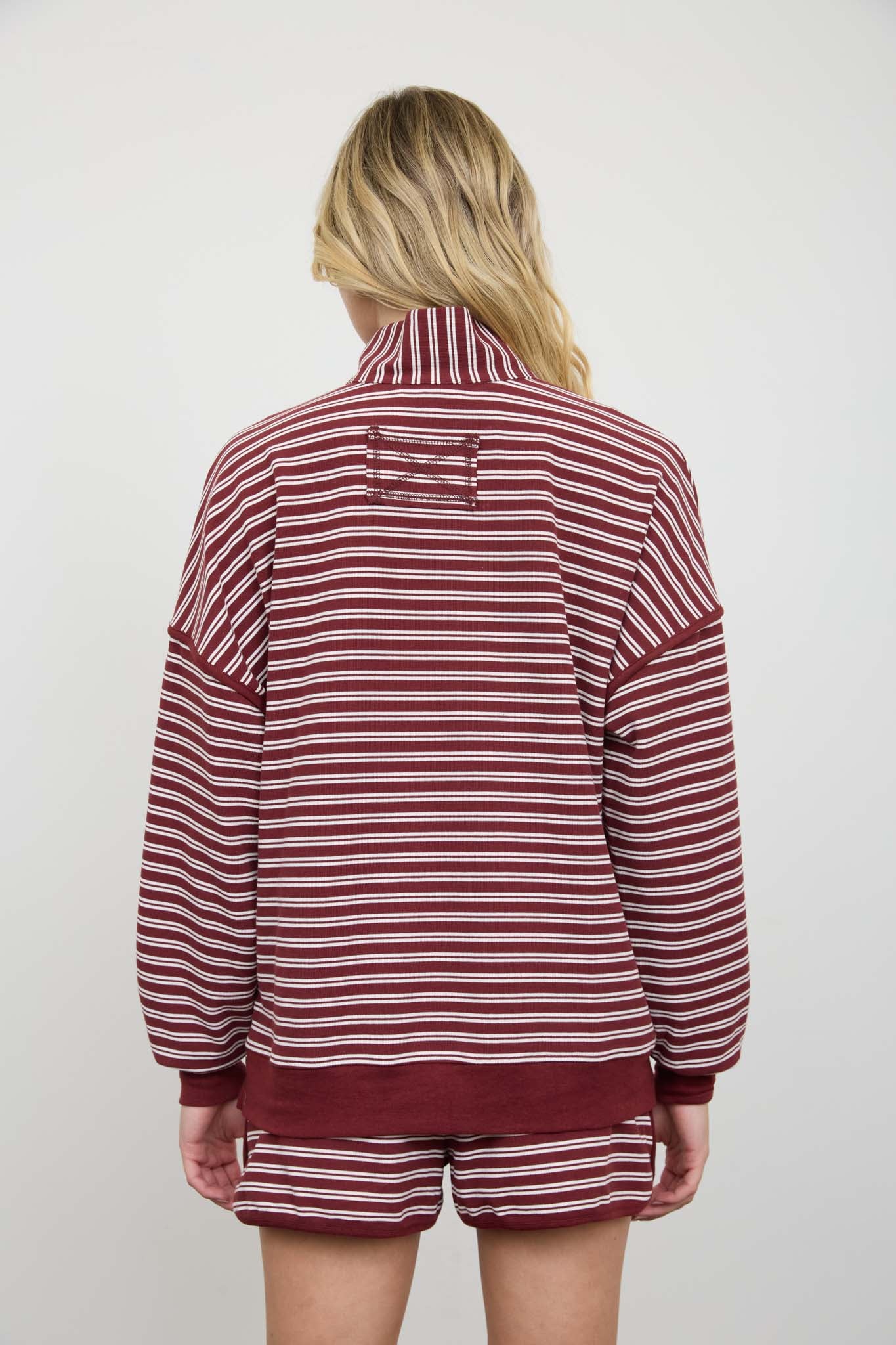 HALF ZIP STRIPE CONTRAST TRIM LONG SLEEVE KNIT TOP (PRE-ORDER)