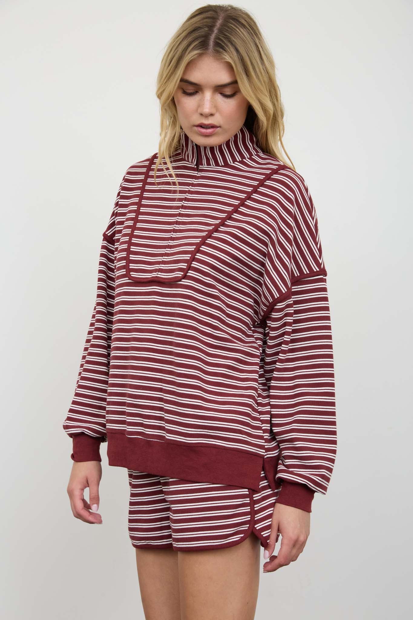 HALF ZIP STRIPE CONTRAST TRIM LONG SLEEVE KNIT TOP (PRE-ORDER)