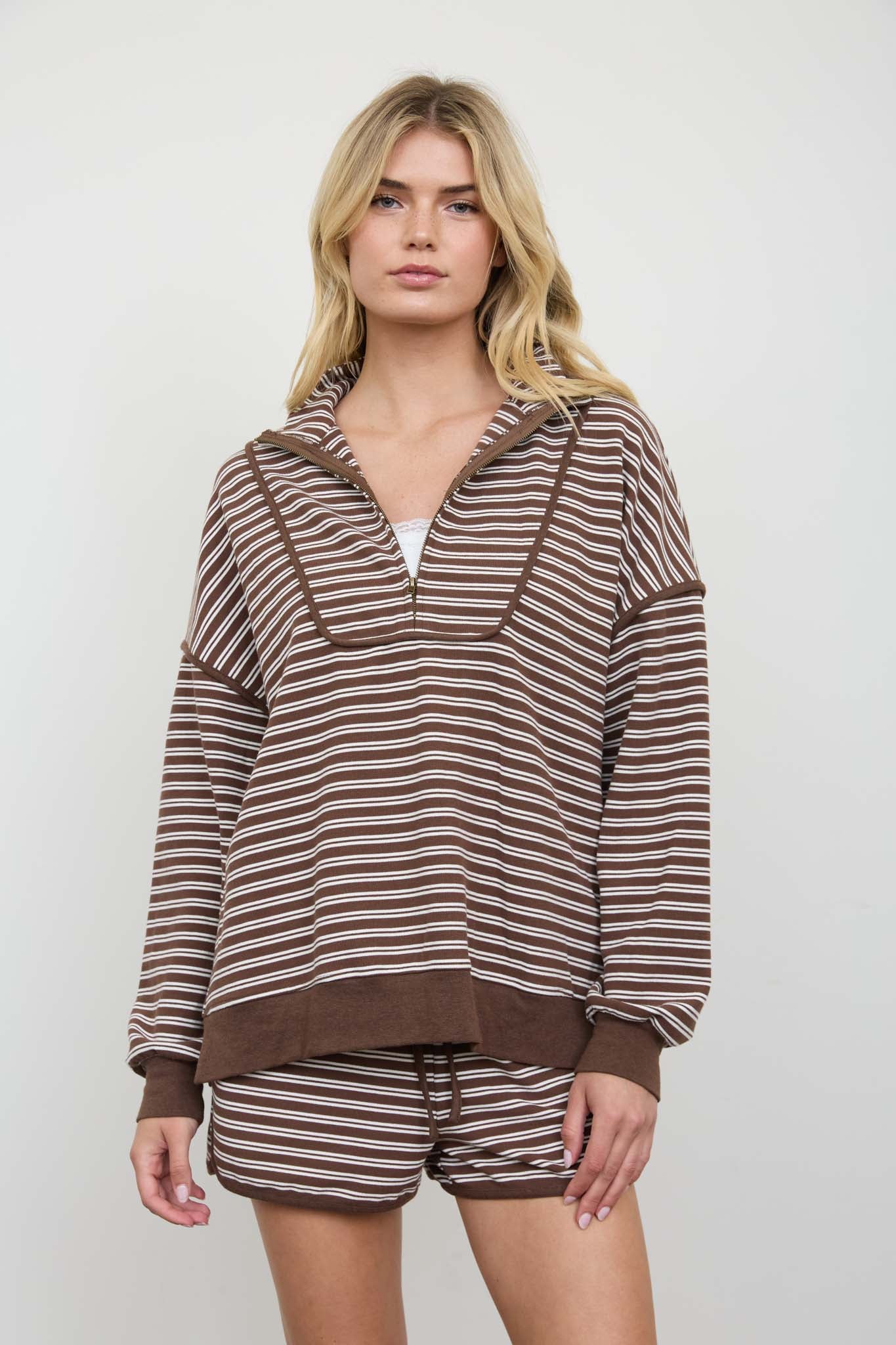 HALF ZIP STRIPE CONTRAST TRIM LONG SLEEVE KNIT TOP (PRE-ORDER)