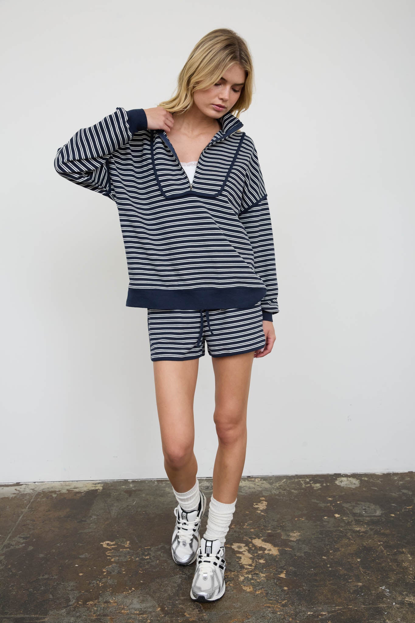 HALF ZIP STRIPE CONTRAST TRIM LONG SLEEVE KNIT TOP (PRE-ORDER)