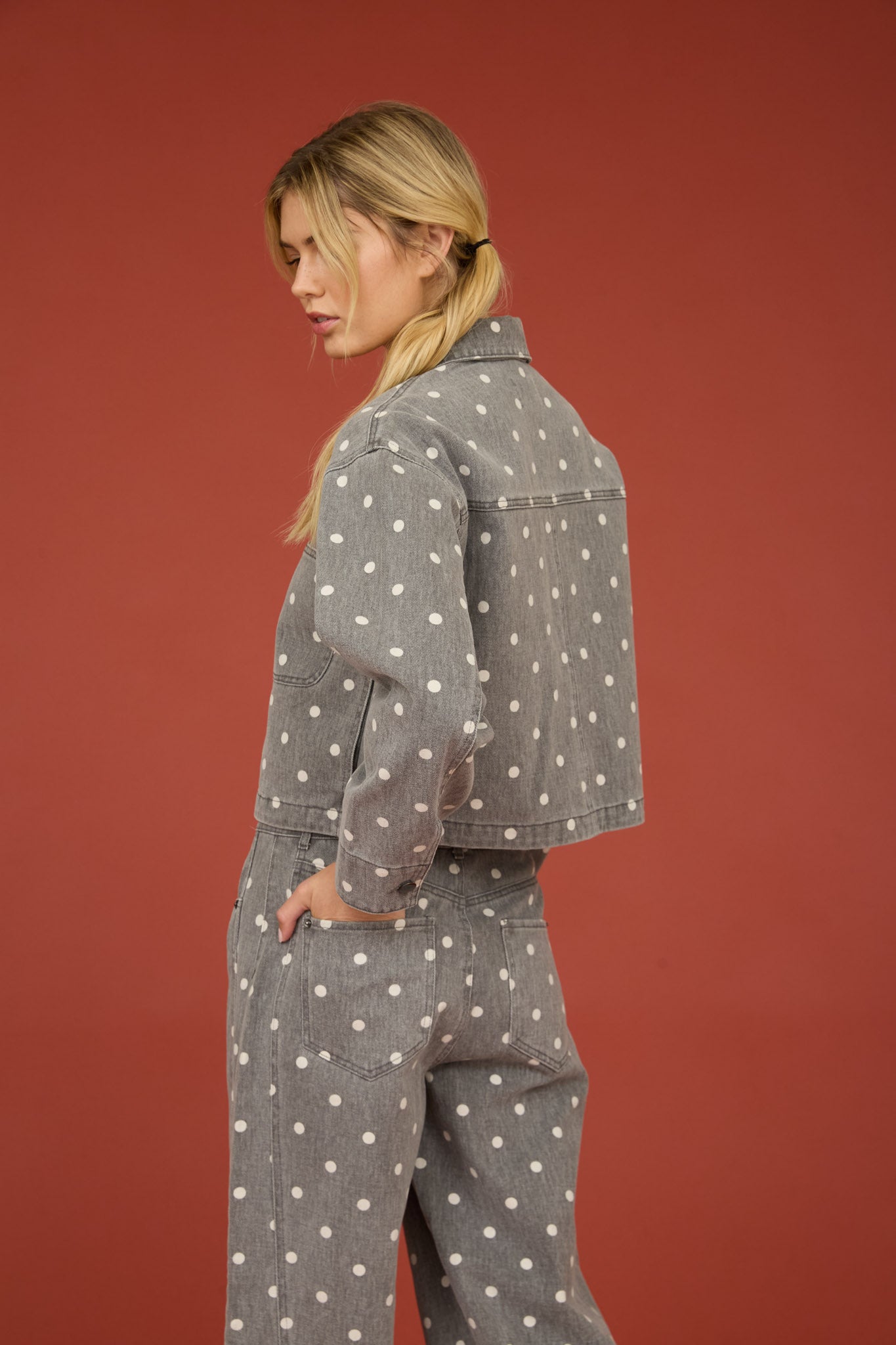 POLKA DOT COLLARED ZIP-UP DENIM JACKET (PRE-ORDER)