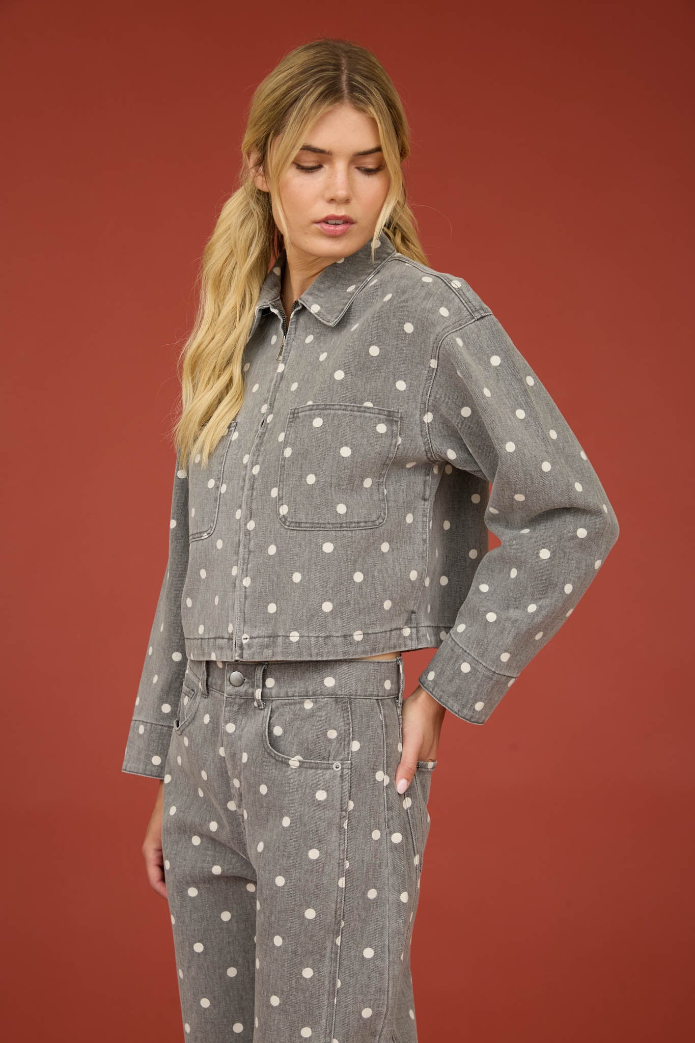 POLKA DOT COLLARED ZIP-UP DENIM JACKET (PRE-ORDER)