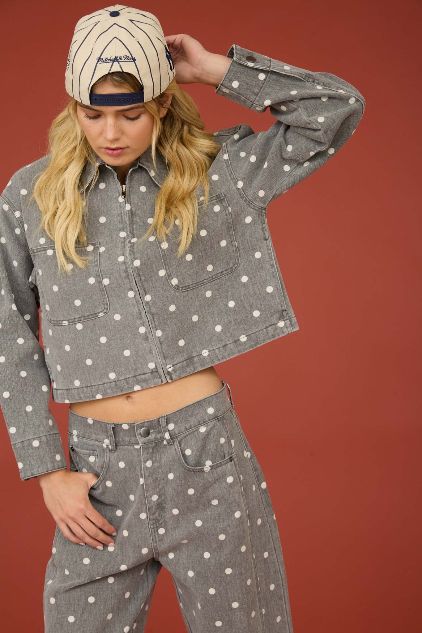 POLKA DOT COLLARED ZIP-UP DENIM JACKET (PRE-ORDER)