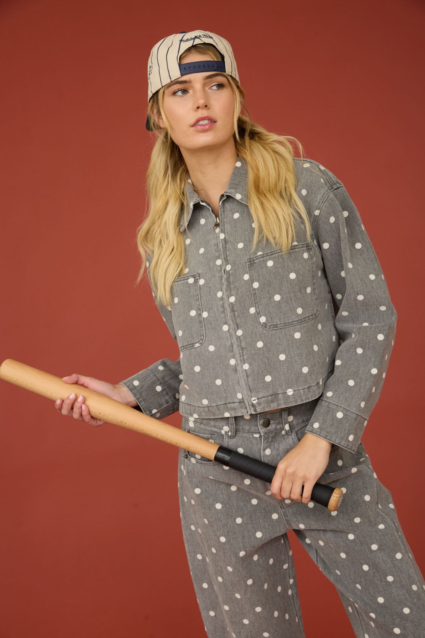 POLKA DOT COLLARED ZIP-UP DENIM JACKET (PRE-ORDER)